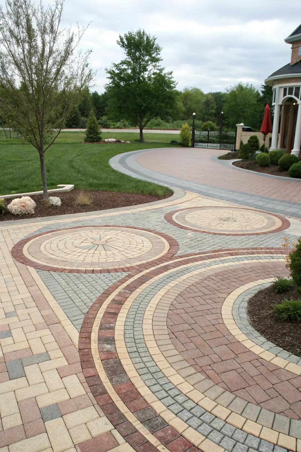 Patterned pavers make each driveway distinct and full of character.