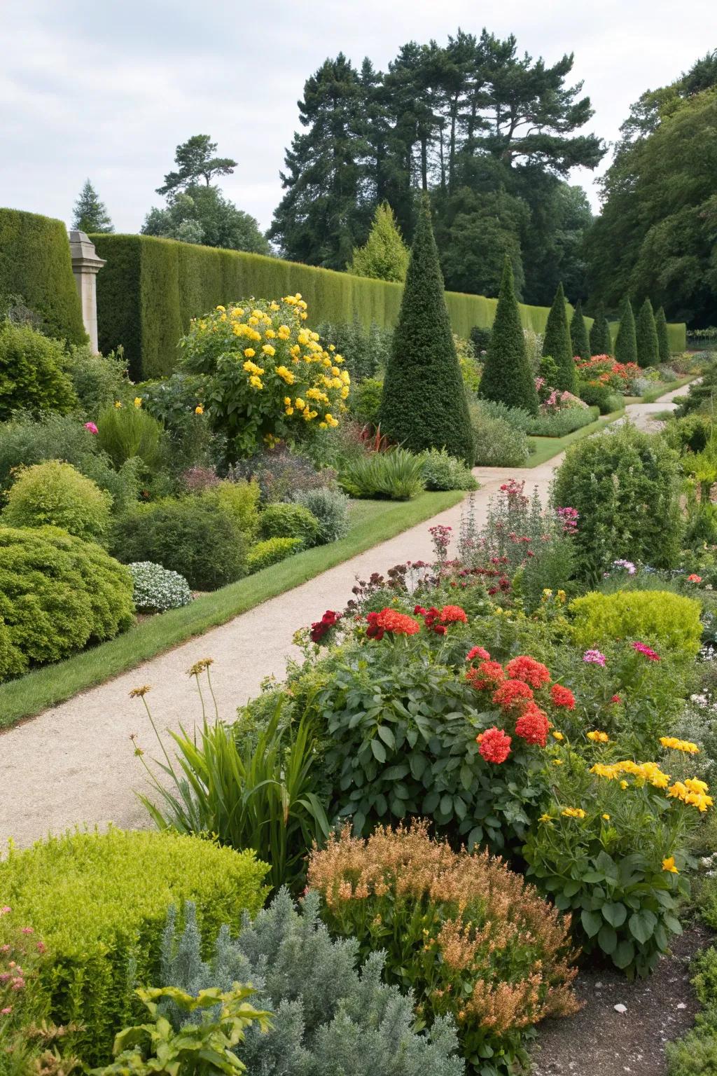Evergreen shrubs and seasonal flowers providing year-round garden beauty.