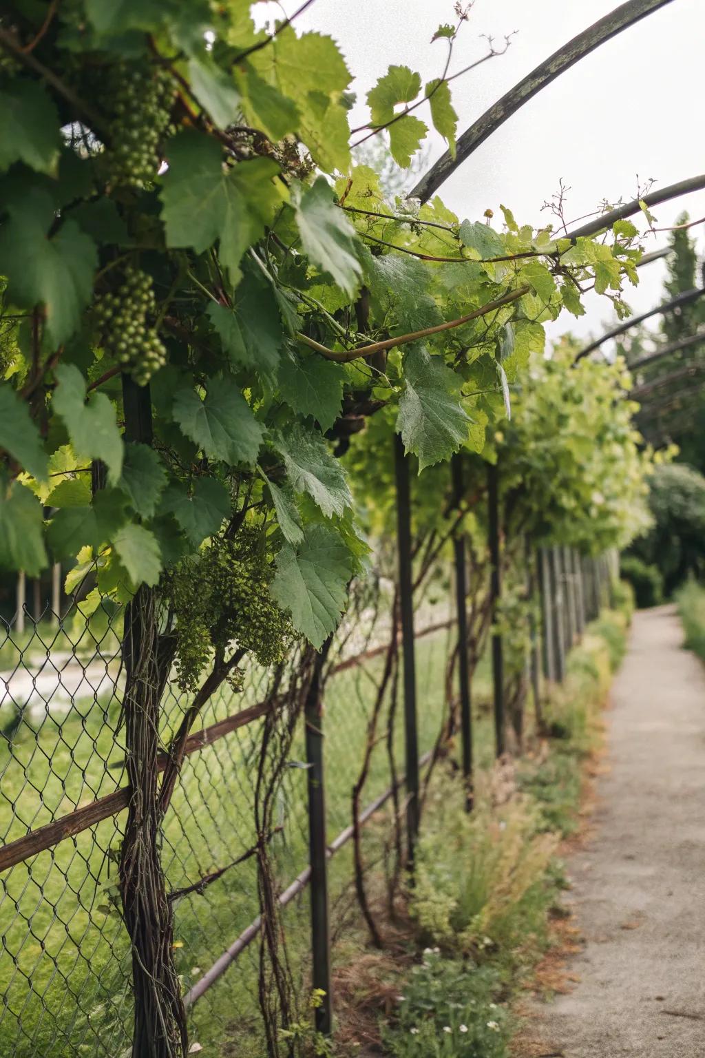 Grapes flourishing on a robust chain link trellis
