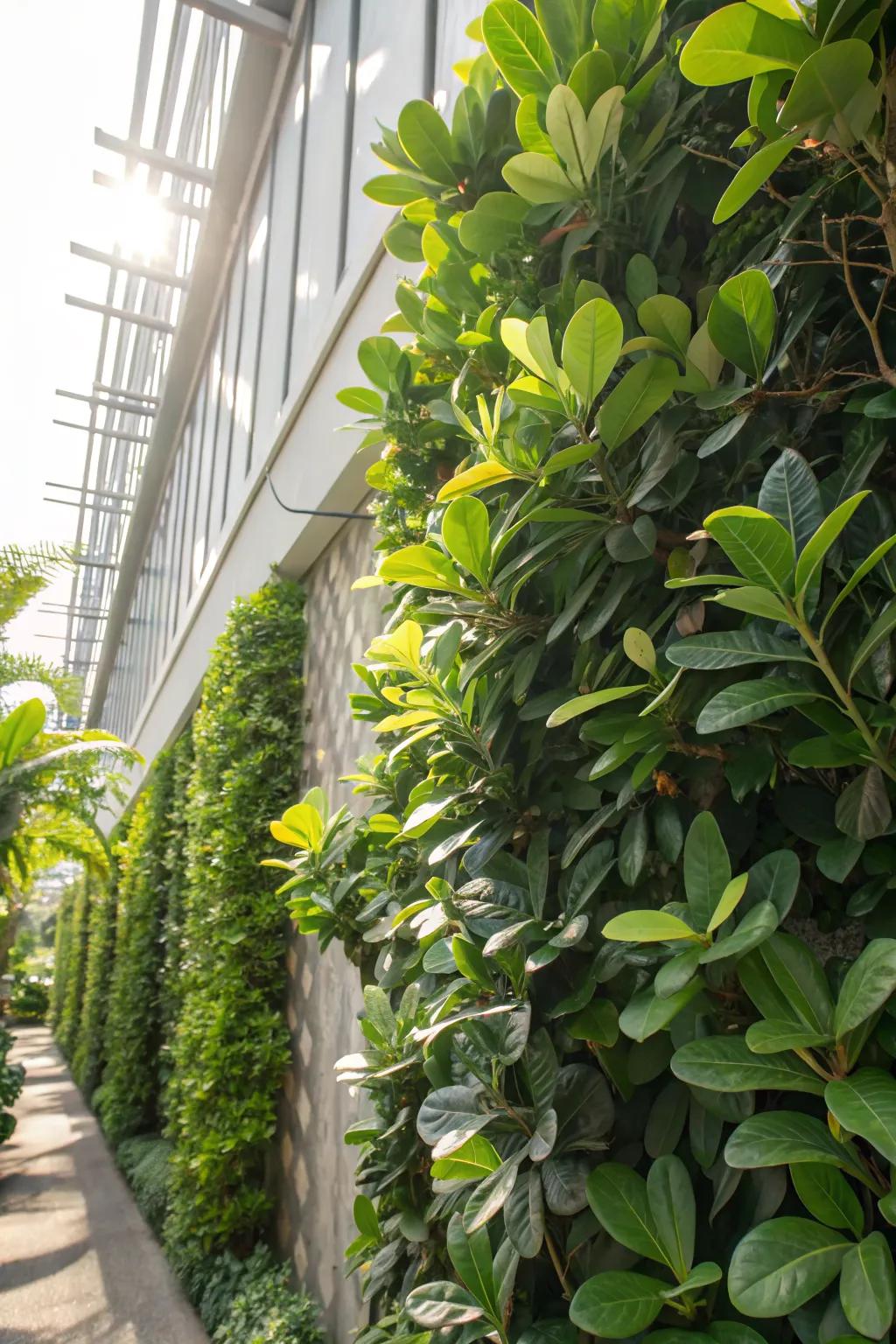 Clusia provides a lush backdrop for vertical gardens.