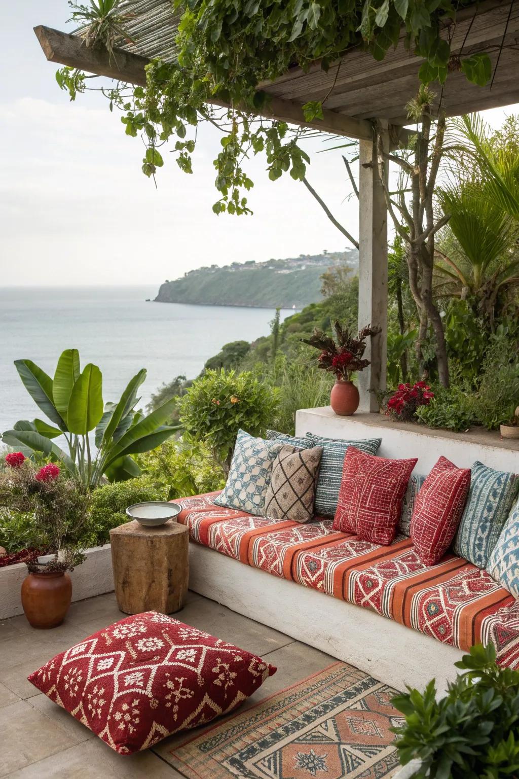 Bold patterns add an unexpected twist to a coastal patio.