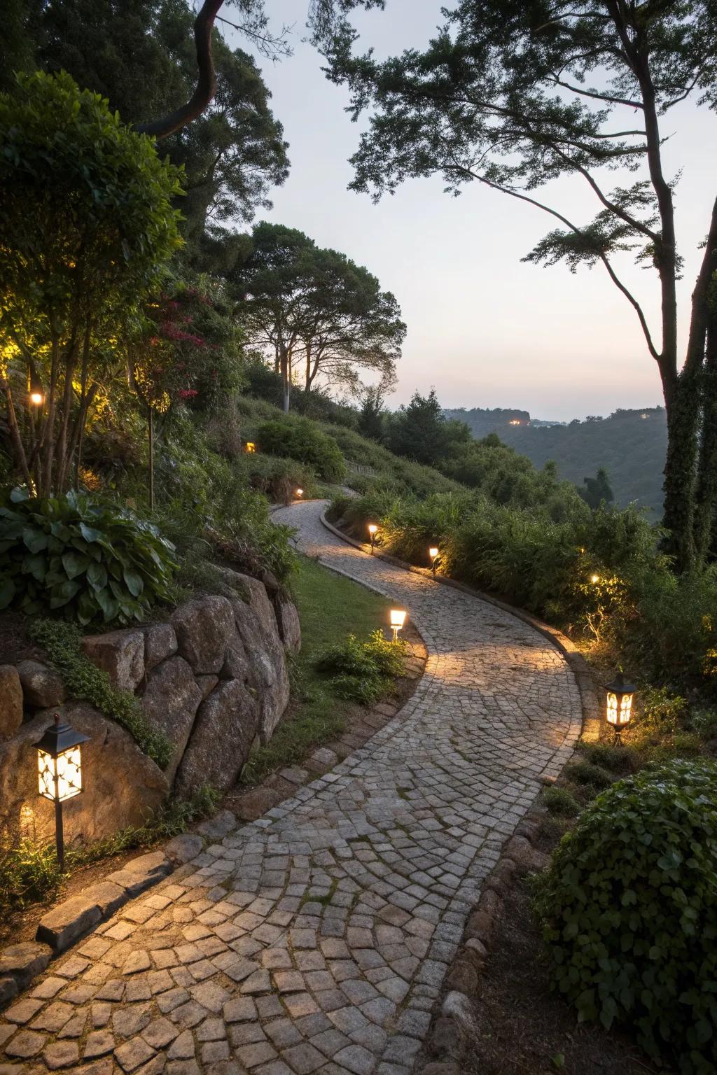 Cobblestone path with enchanting lighting accents.