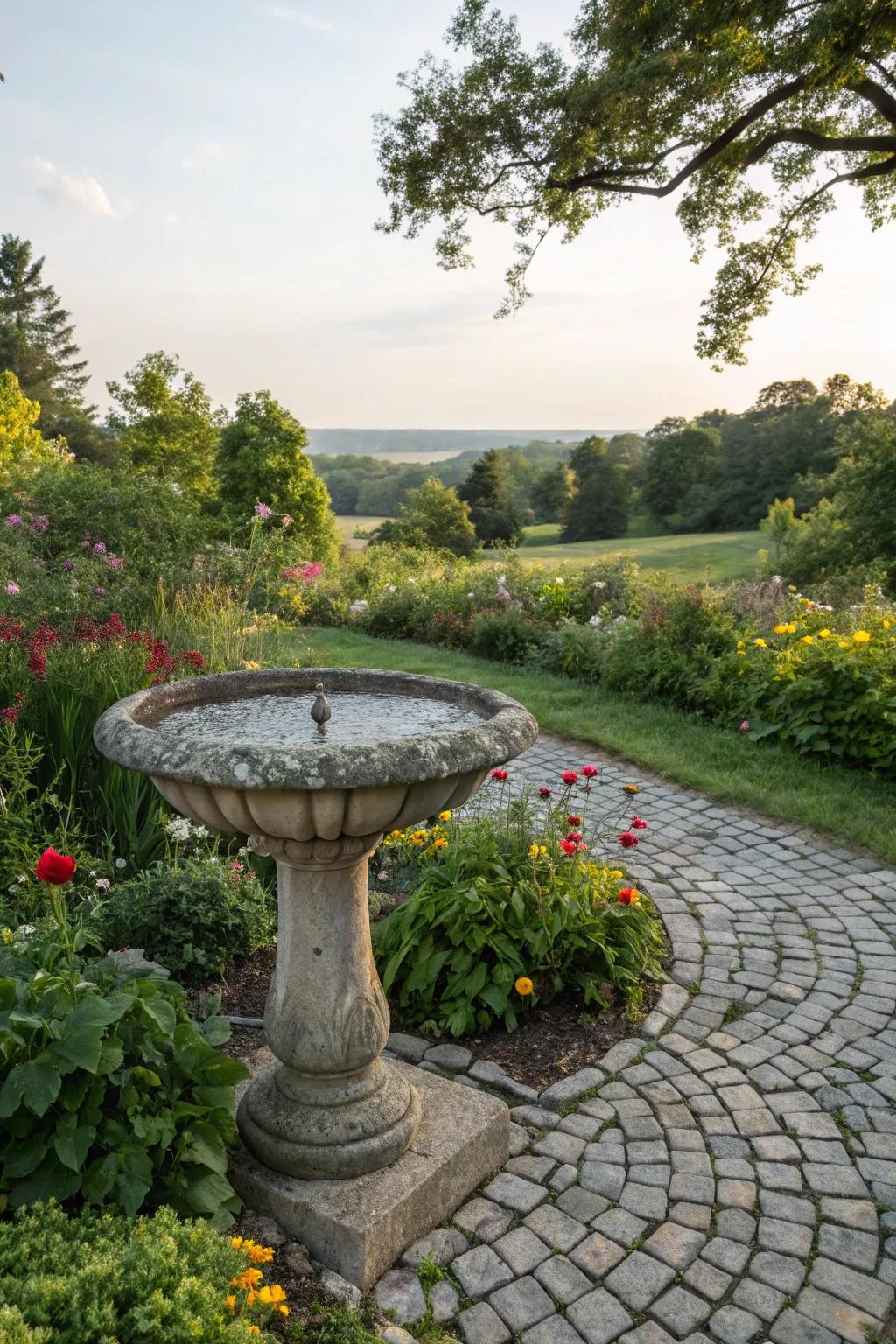 Cobblestones framing a garden birdbath, creating a focal point.