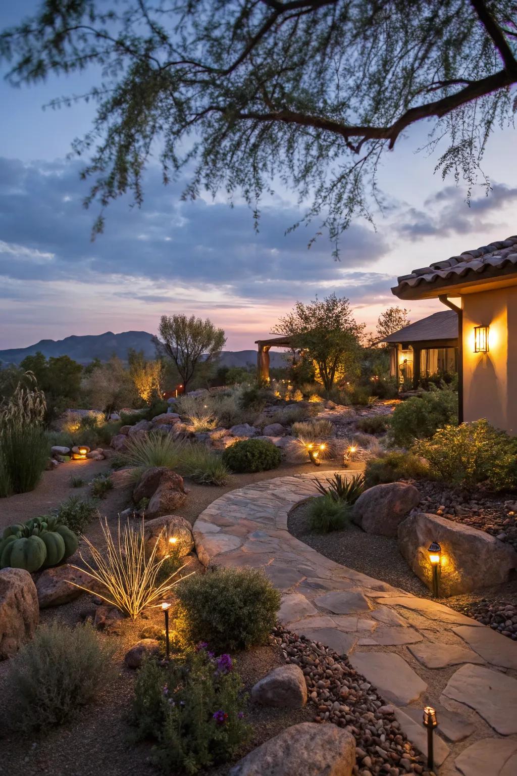 Soft lighting creates an enchanting evening ambiance in a xeriscape.