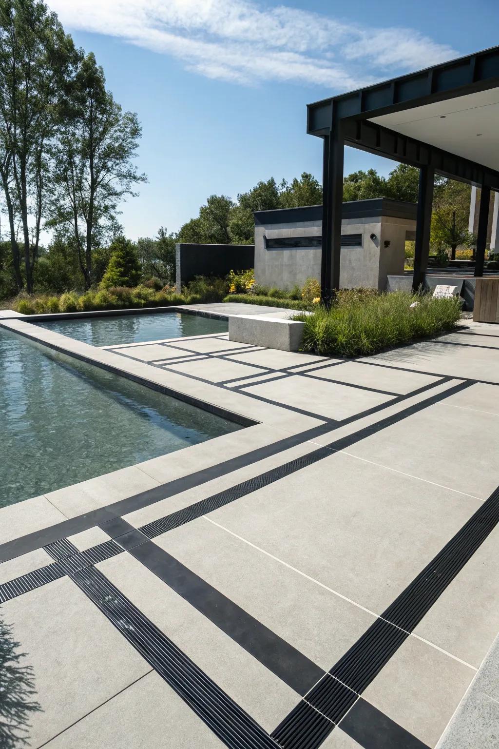 Black accents add a bold, modern twist to pool decks.