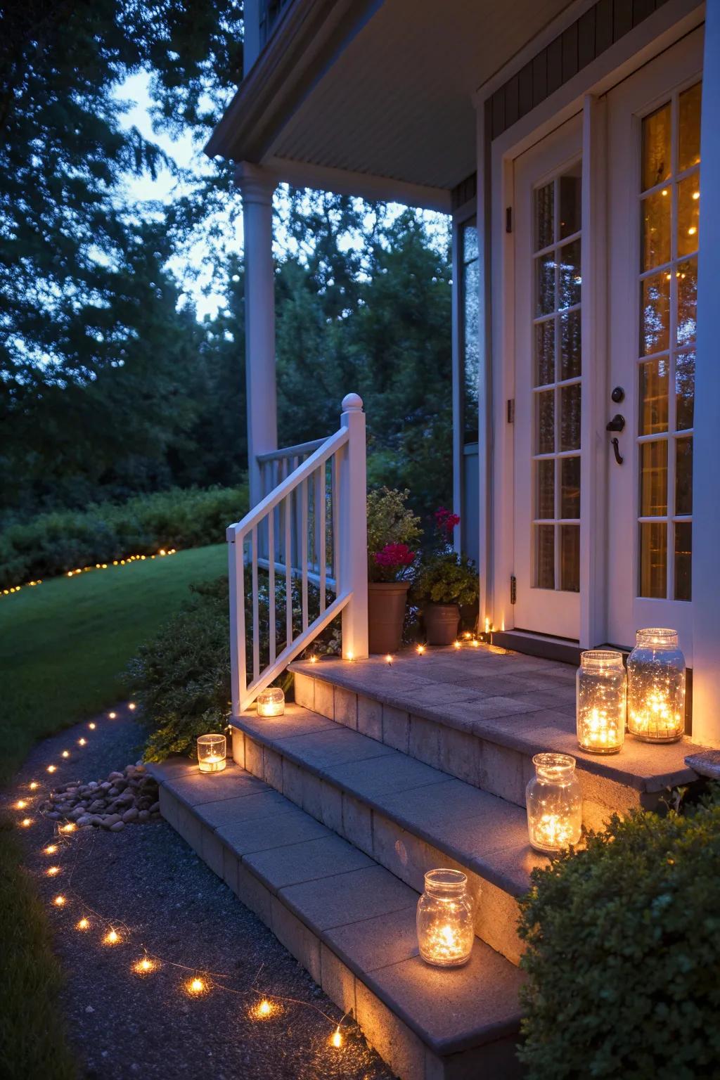 A porch featuring creative lighting solutions like solar jars and LED strips.