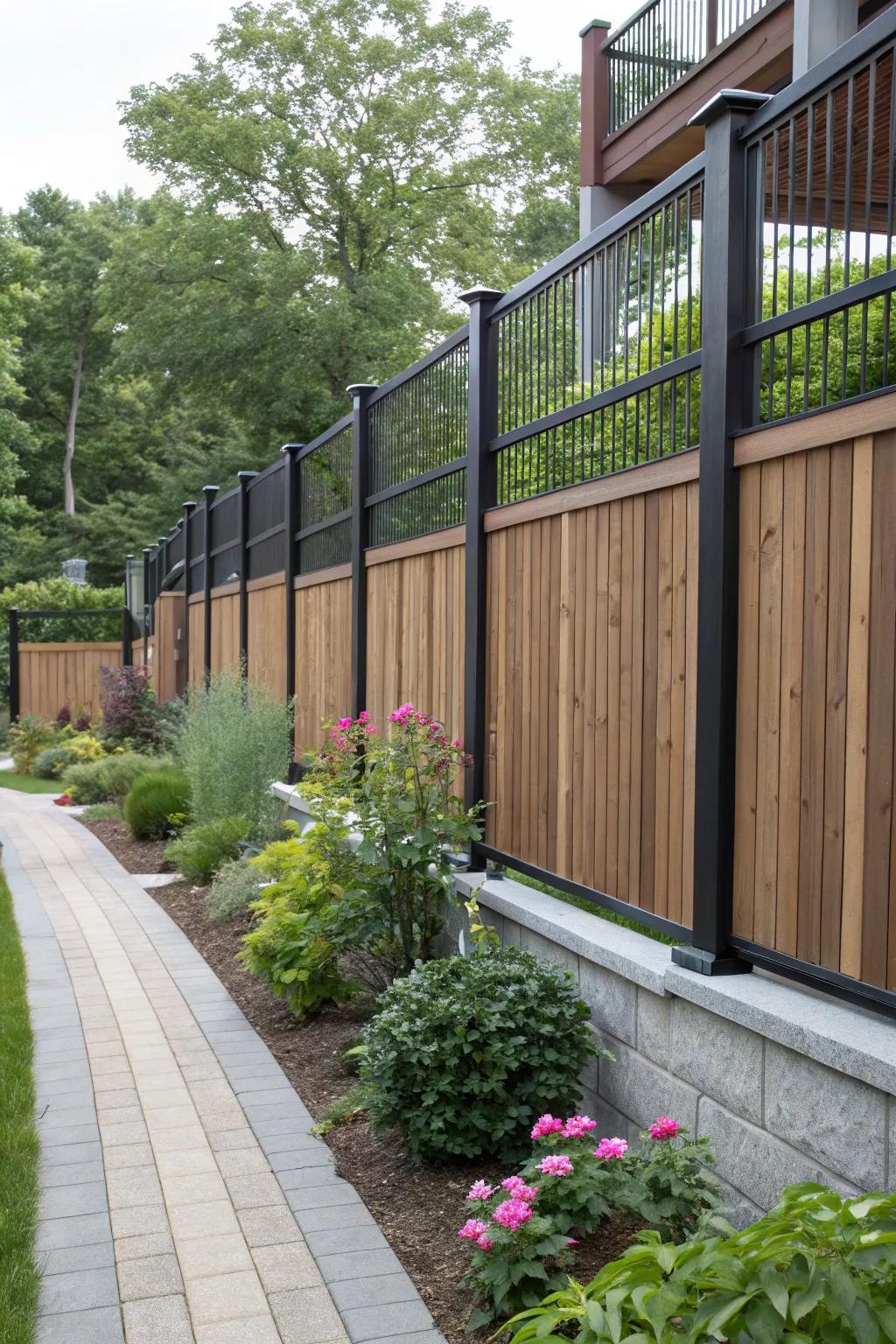 Height variations in composite fencing add architectural interest and define spaces.