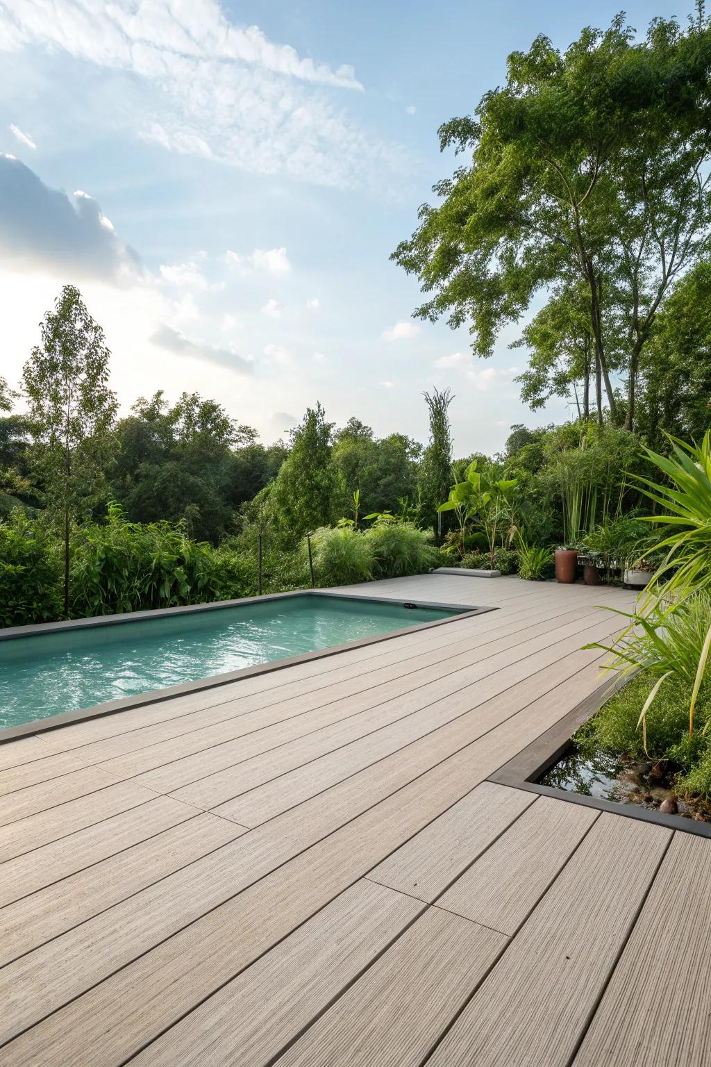 Wood-like composite decking harmonizes with the natural surroundings.