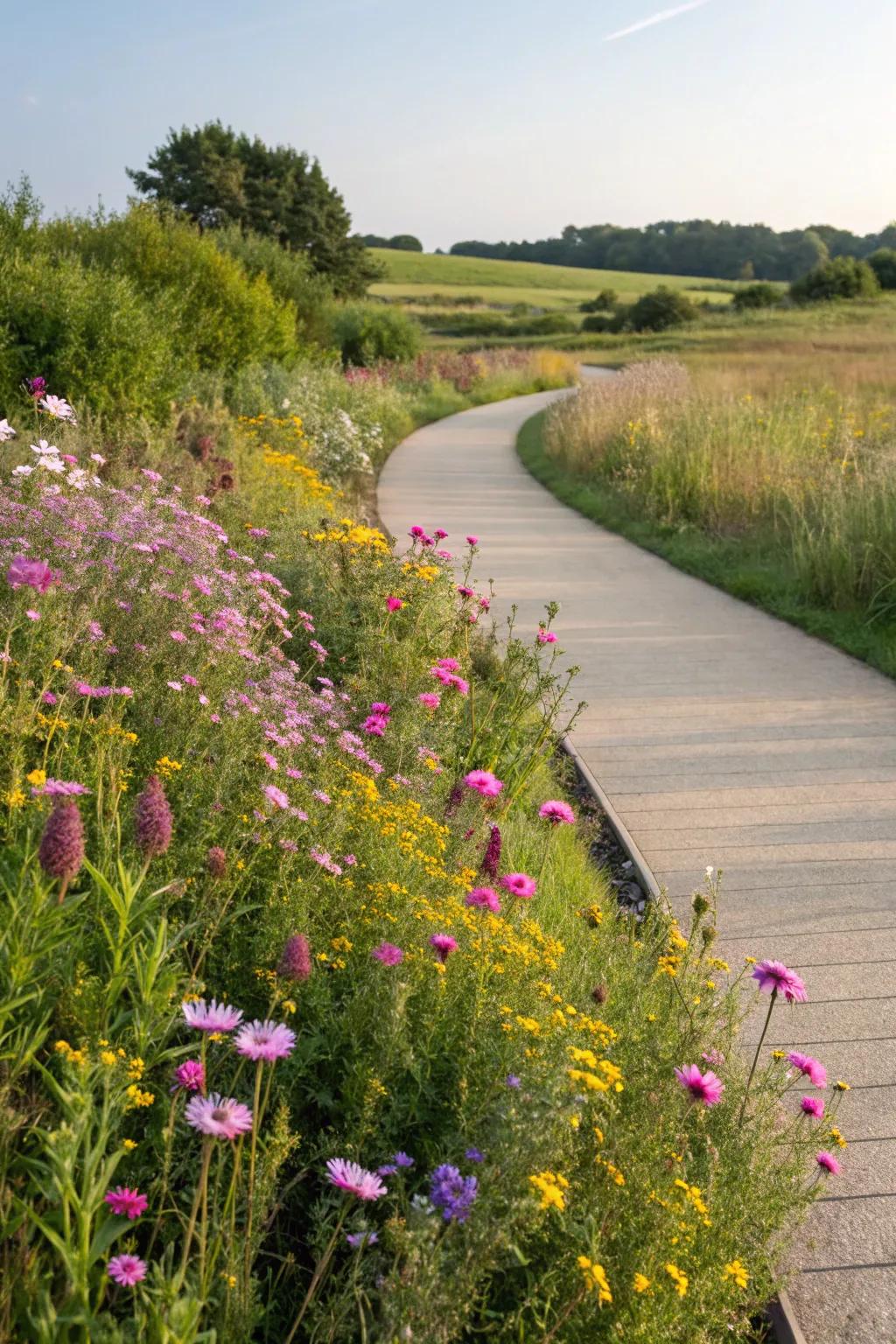 A lively wildflower border enhancing a composite walkway.