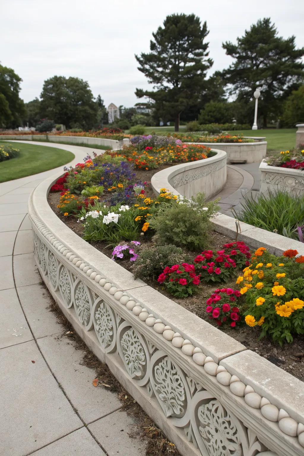Decorative concrete borders framing flower beds beautifully.
