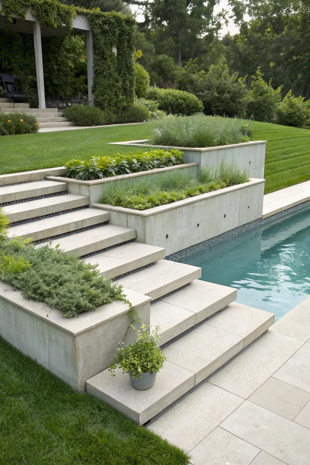 Enhance your pool area with multifunctional concrete planter steps.