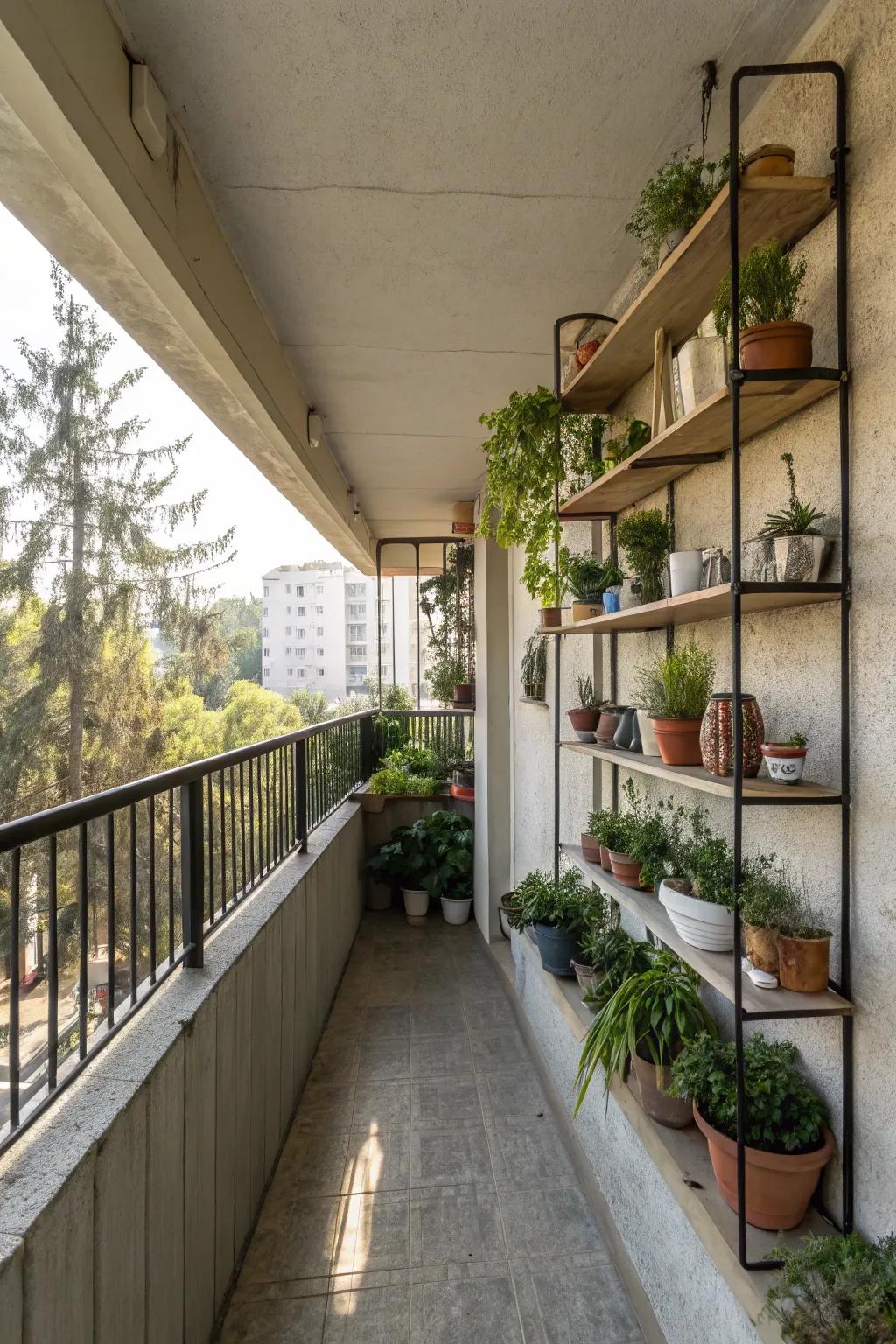 Vertical shelves enhance storage on a concrete balcony.
