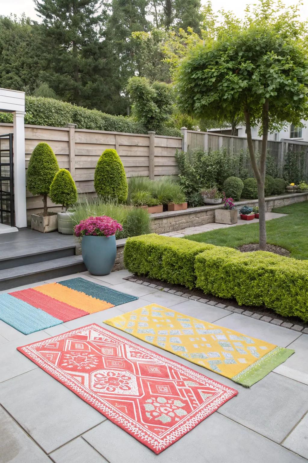 Outdoor rugs add color and comfort to a concrete patio.