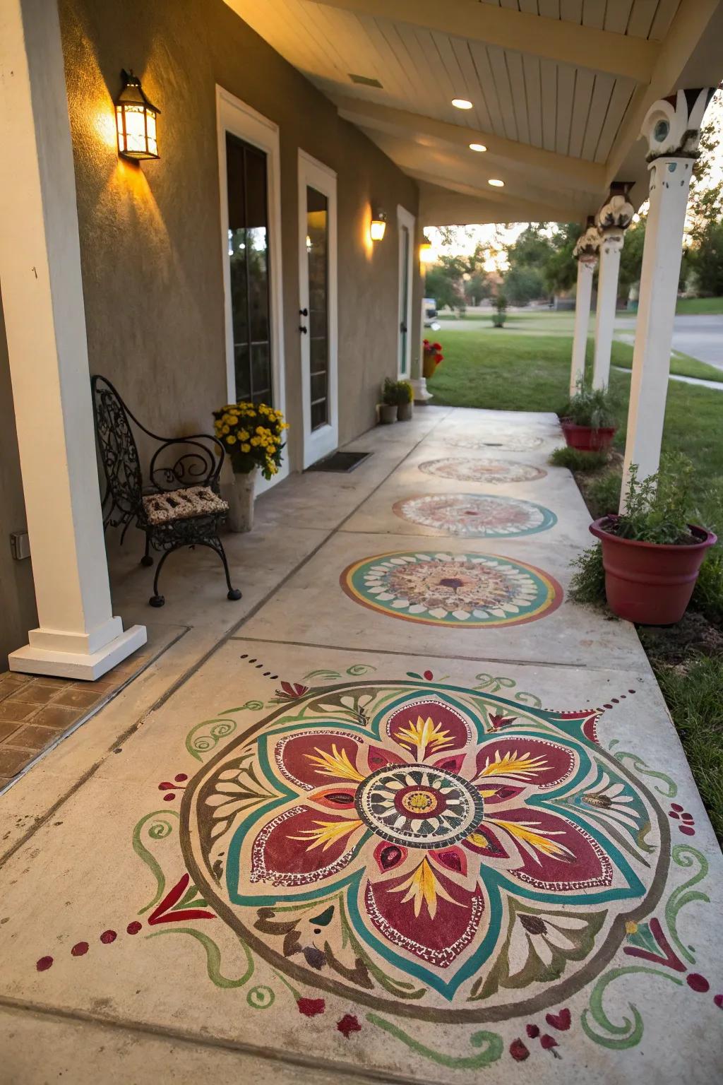 Concrete porch with a burst of colorful stains.