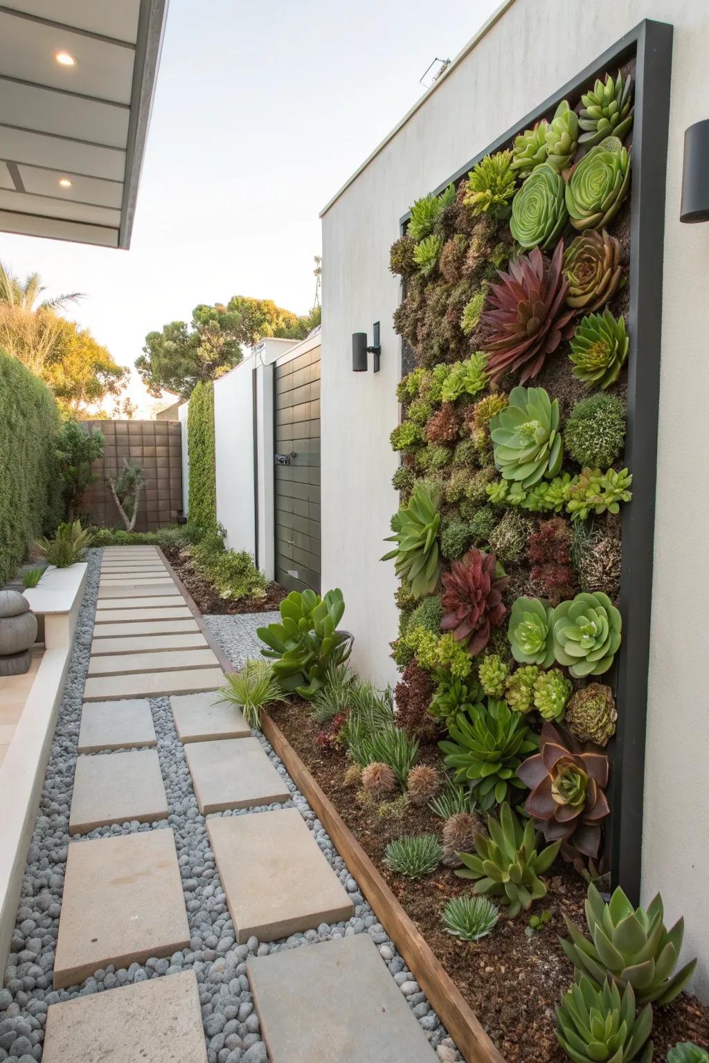 A vertical succulent garden brings modern flair to a condo backyard.