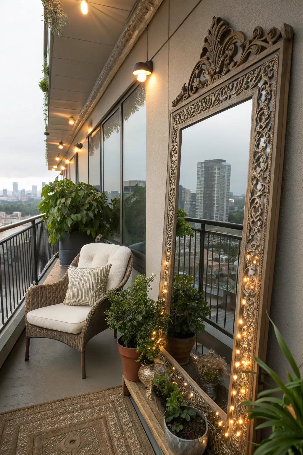 Create the illusion of space with a decorative mirror on your balcony.