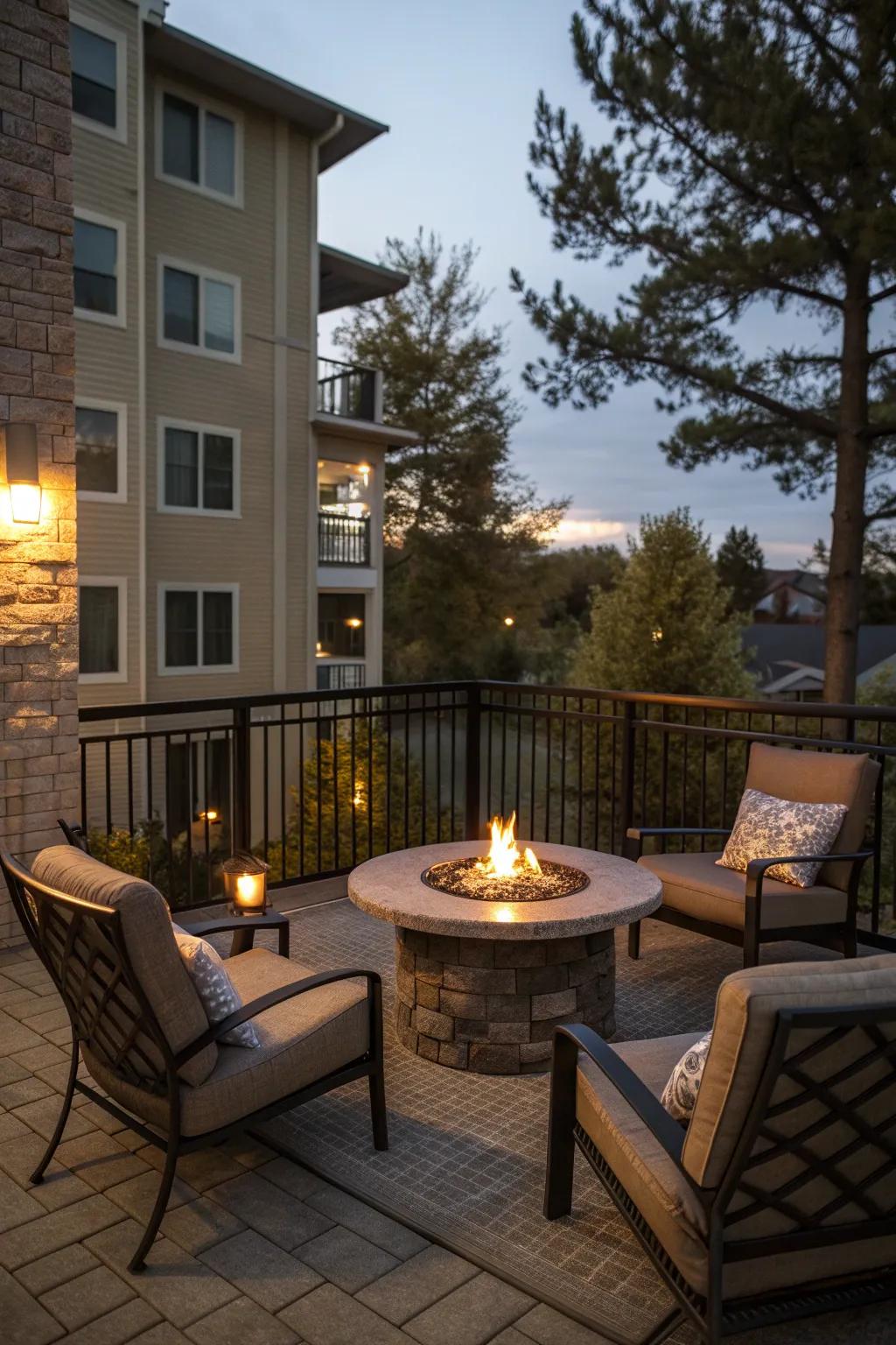 A fire pit table creating a warm gathering spot on a condo patio.