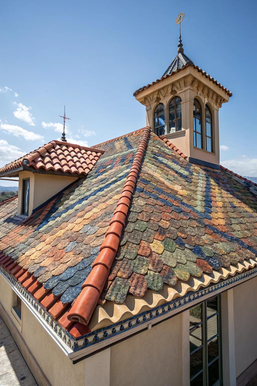 A roof featuring a stunning mosaic tile design.