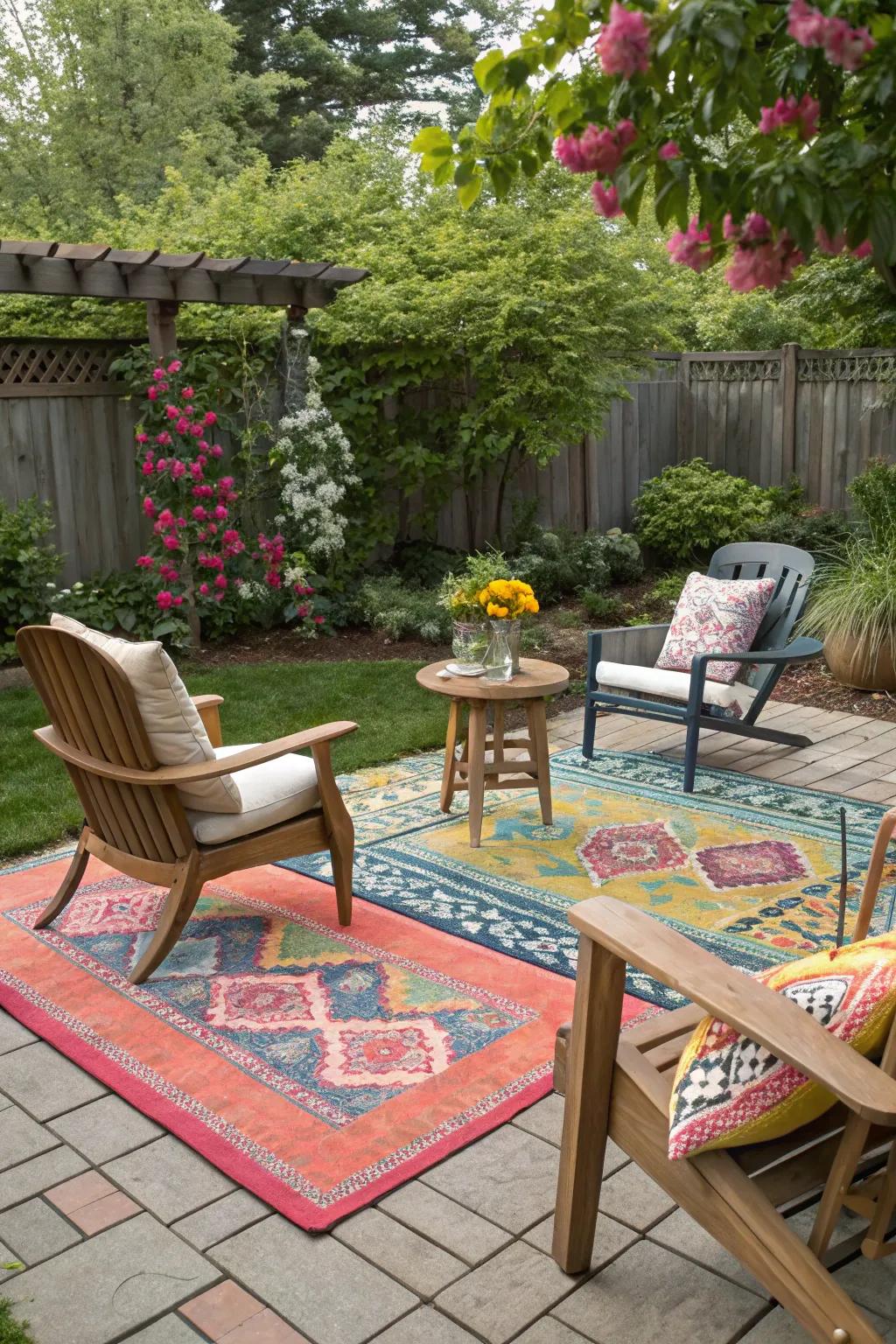 Outdoor rugs add vibrancy and comfort.