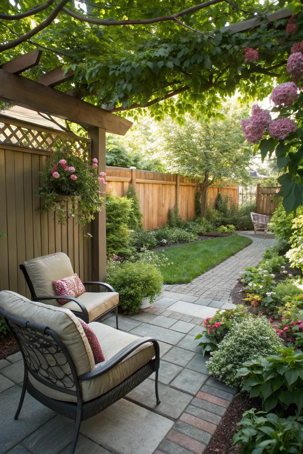 Relax in your own cozy patio retreat surrounded by greenery.