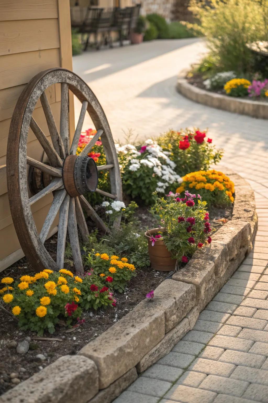 A rustic wheel adds an unexpected charm to this corner.