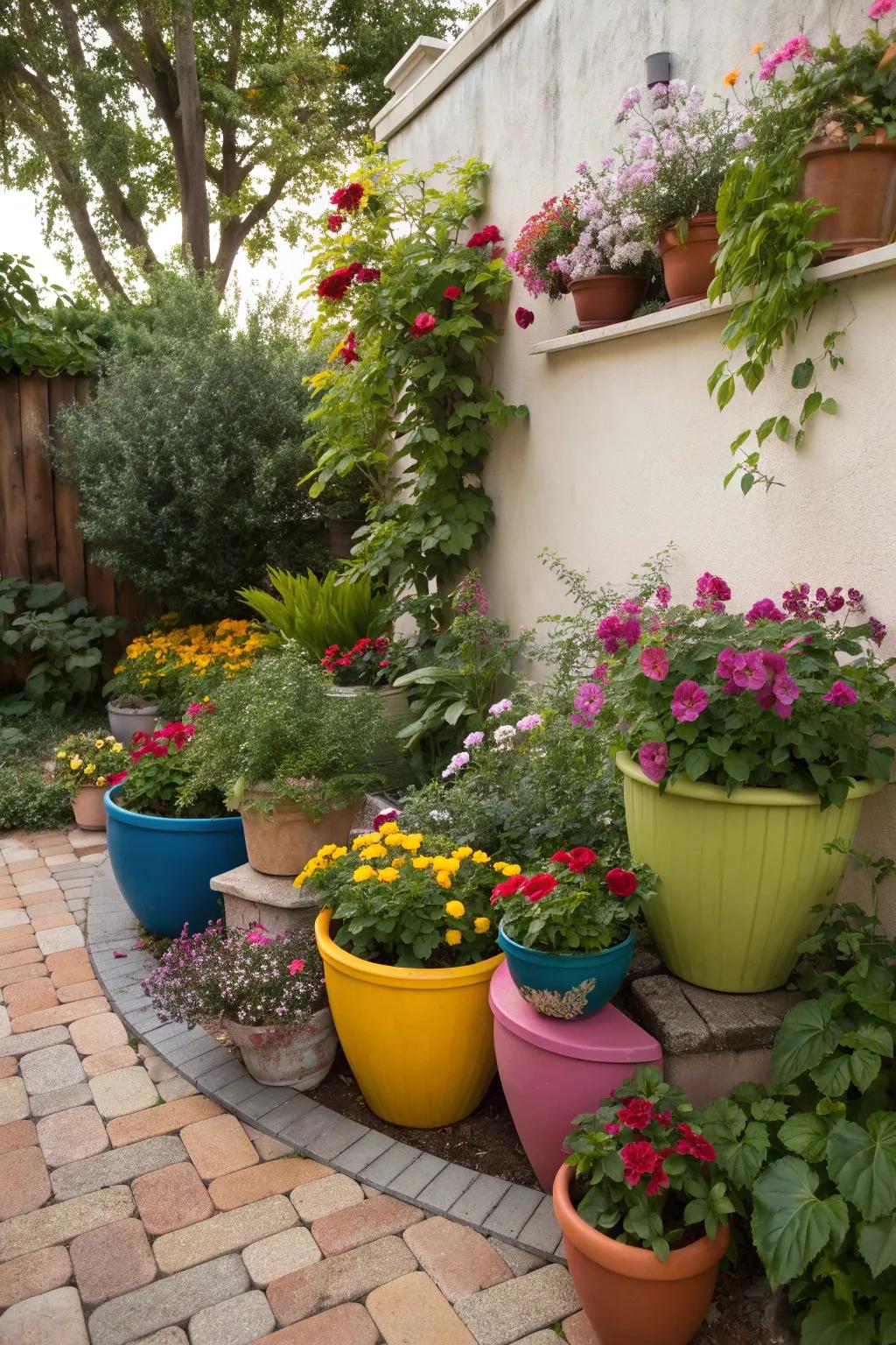 Colorful containers add flexibility and vibrancy to corner gardens.