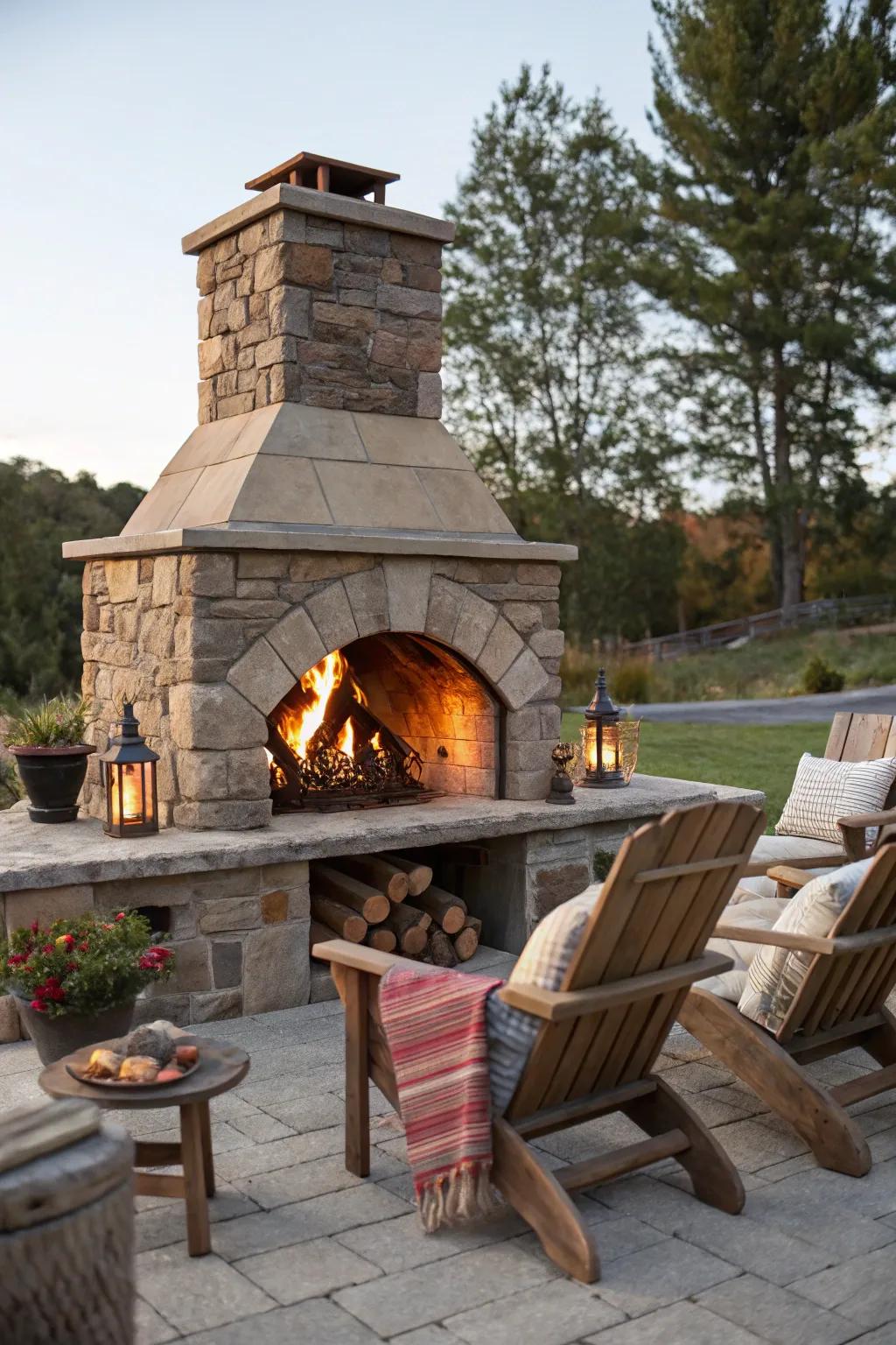 A classic wood-burning hearth for a nostalgic outdoor experience.