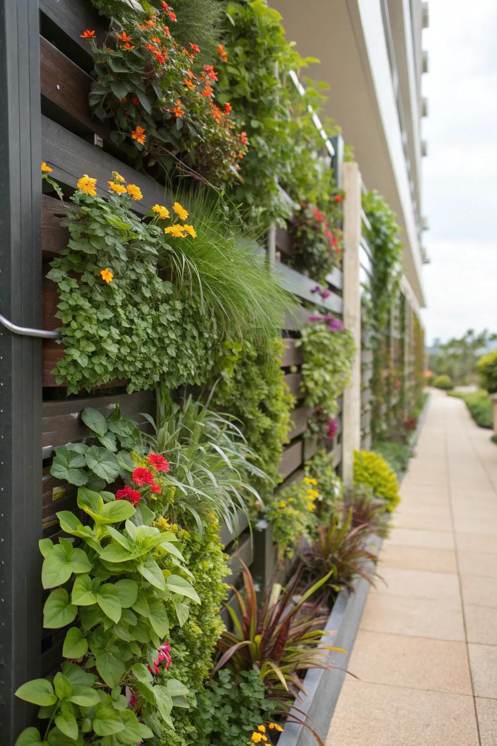 A vertical garden adds greenery and maximizes space.