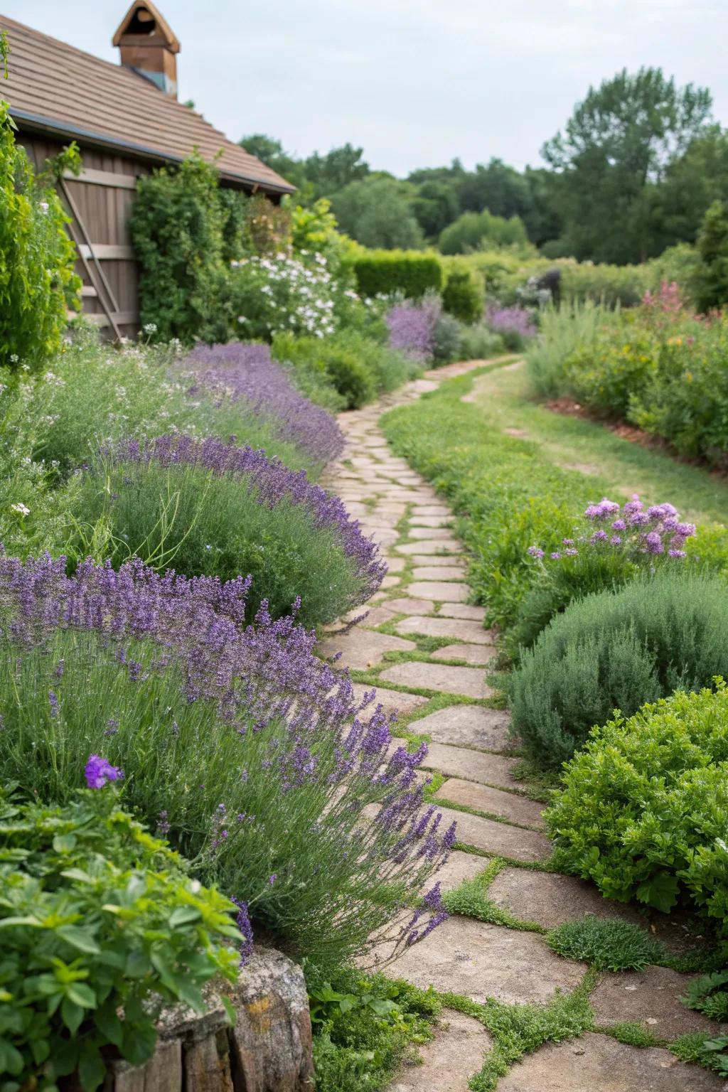 Herb-lined pathways offer a fragrant and sensory garden experience.
