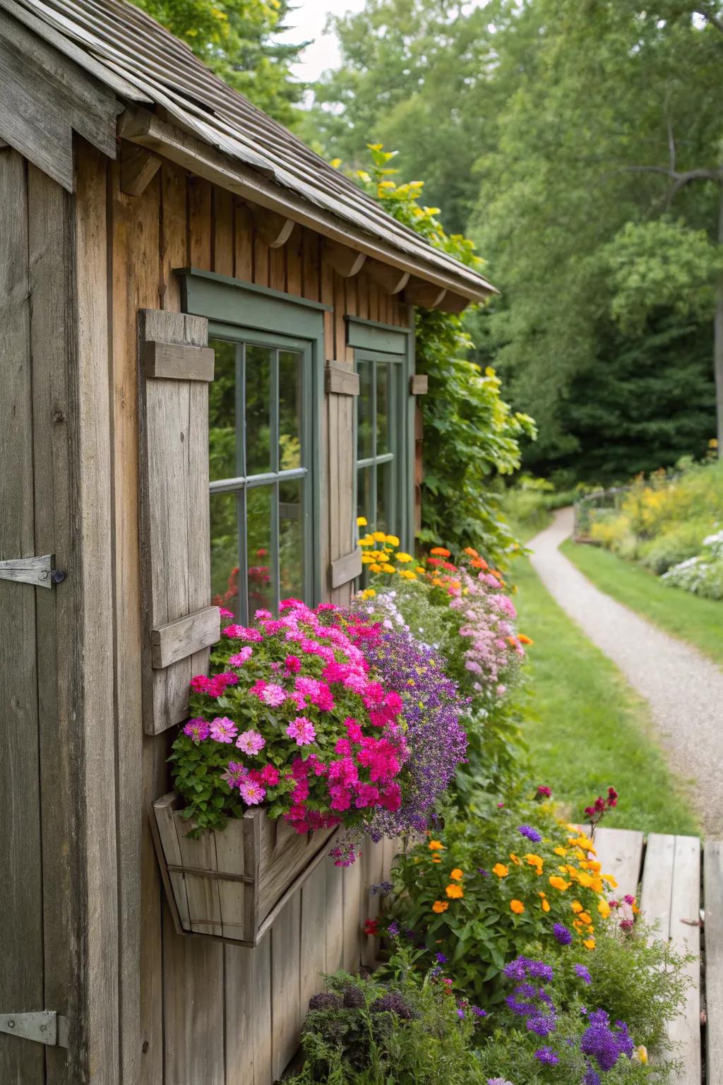 A colorful window box enhances the charm of this garden shed.