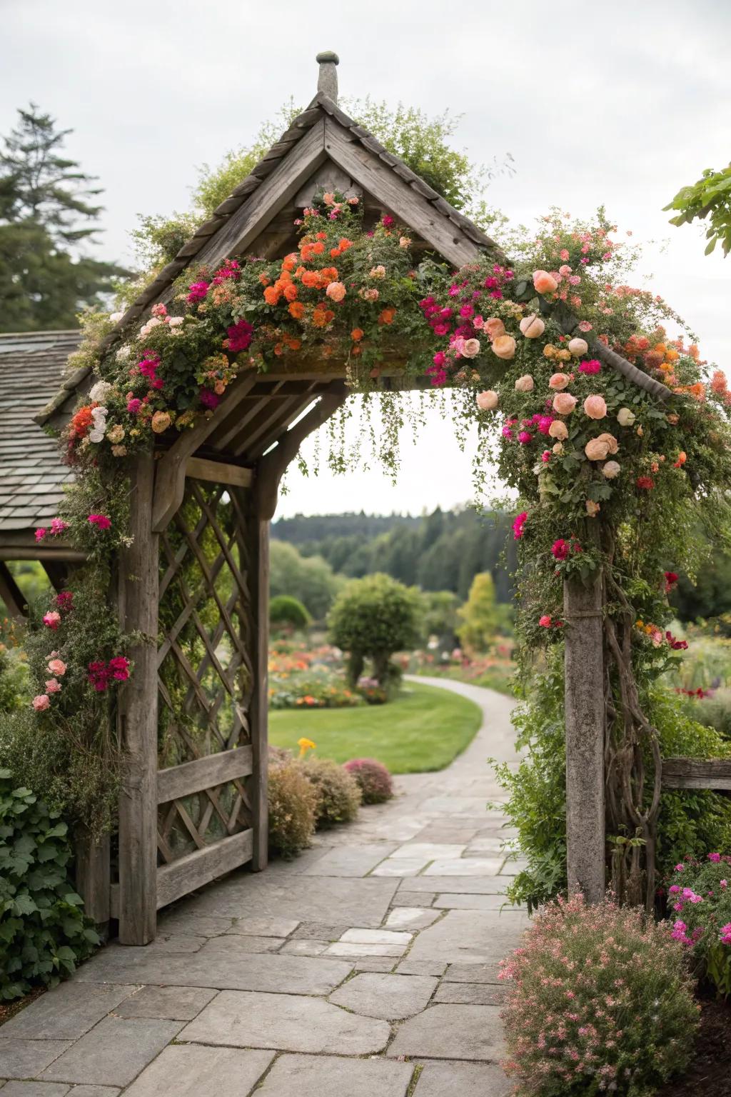 A flower-draped archway creating a grand entrance to a cottage garden.