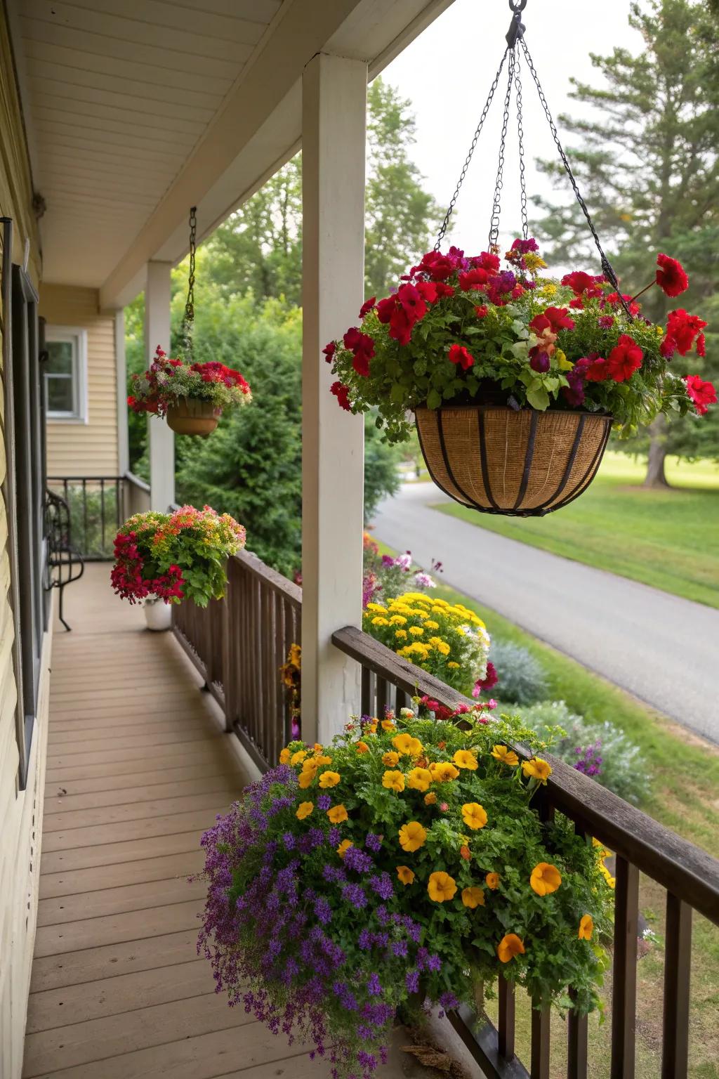 Hanging planters adding vibrant color to a welcoming porch.