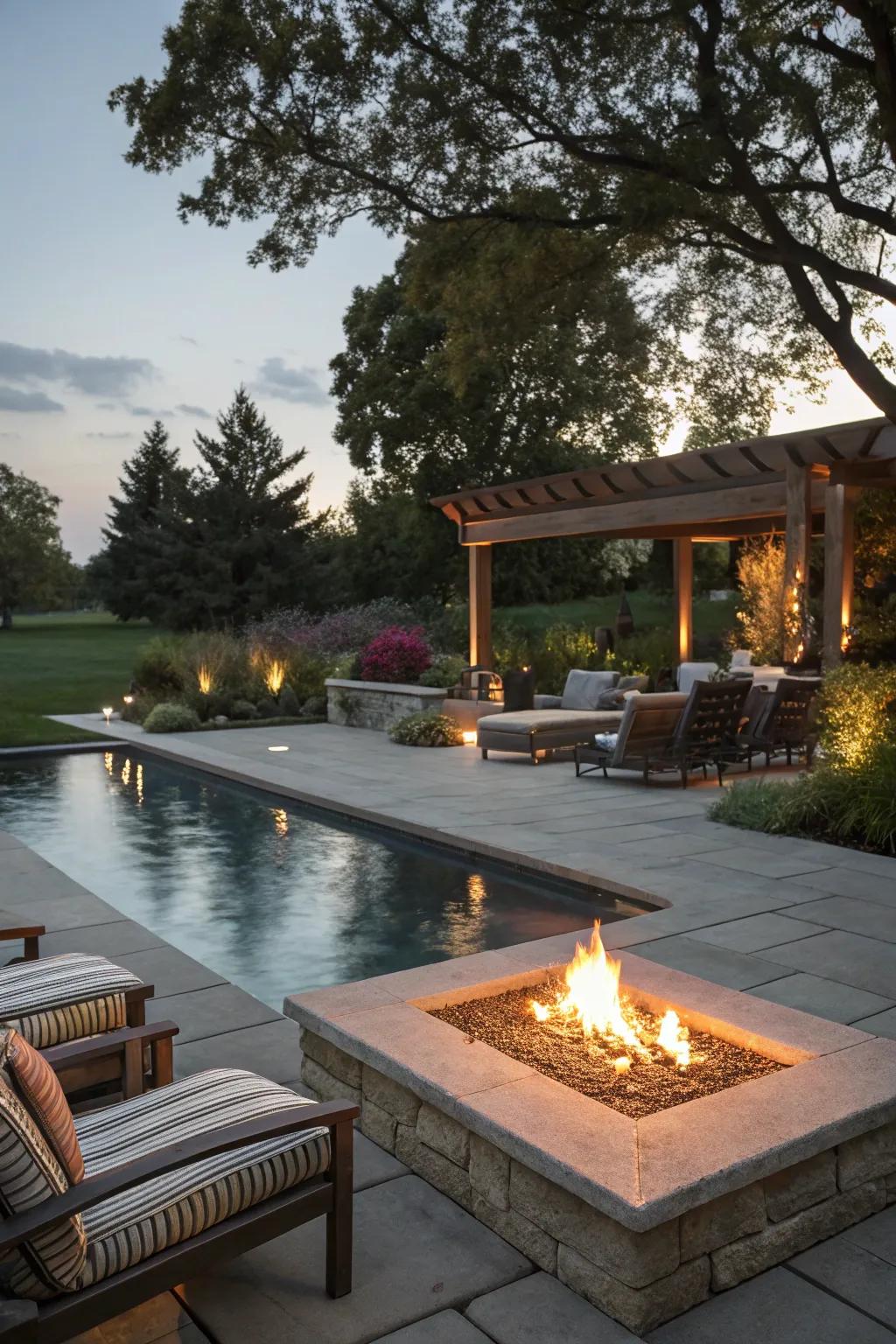 A fire feature bringing warmth and a cozy atmosphere to the pool.