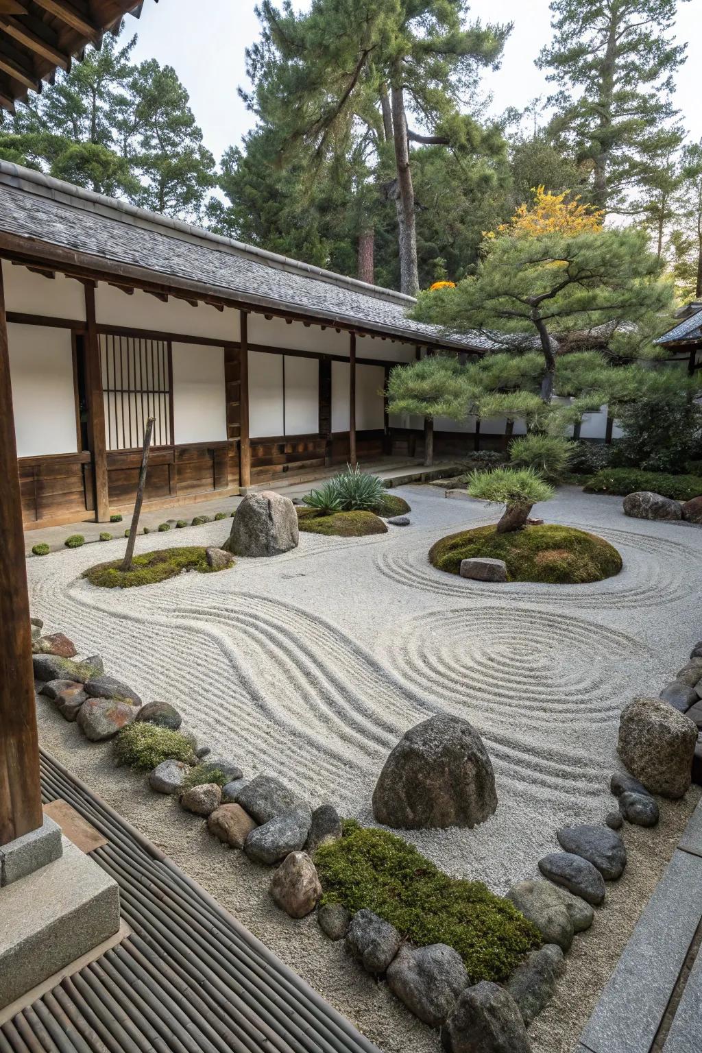 A Zen garden corner offering tranquility and peace in the courtyard.