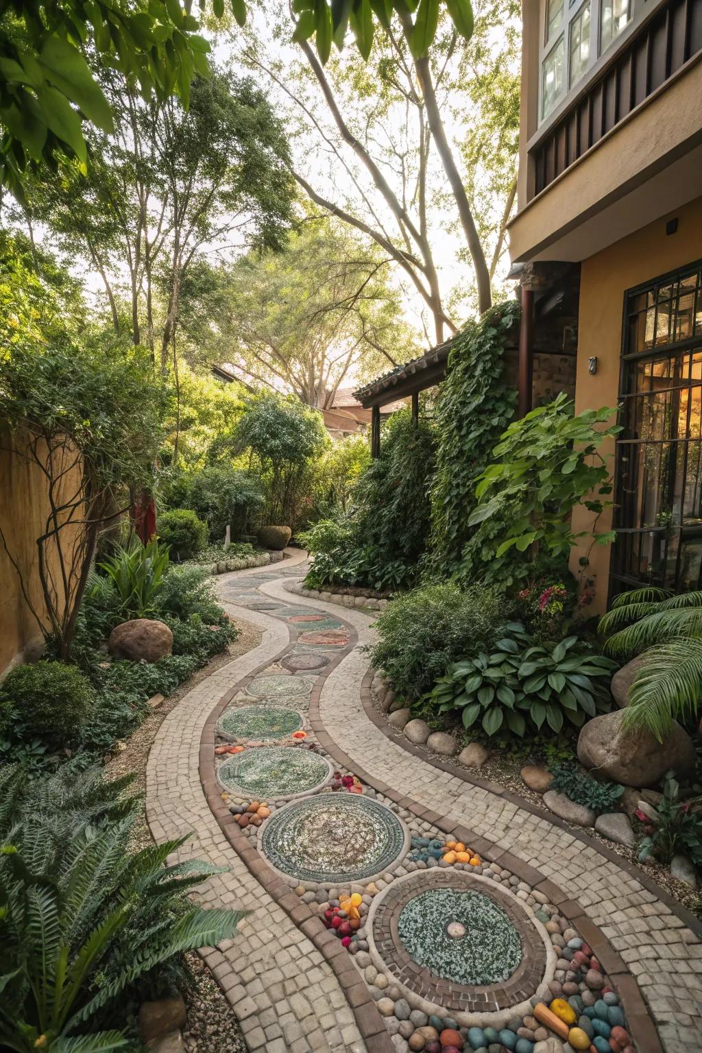A courtyard enlivened by vibrant pebble paths.