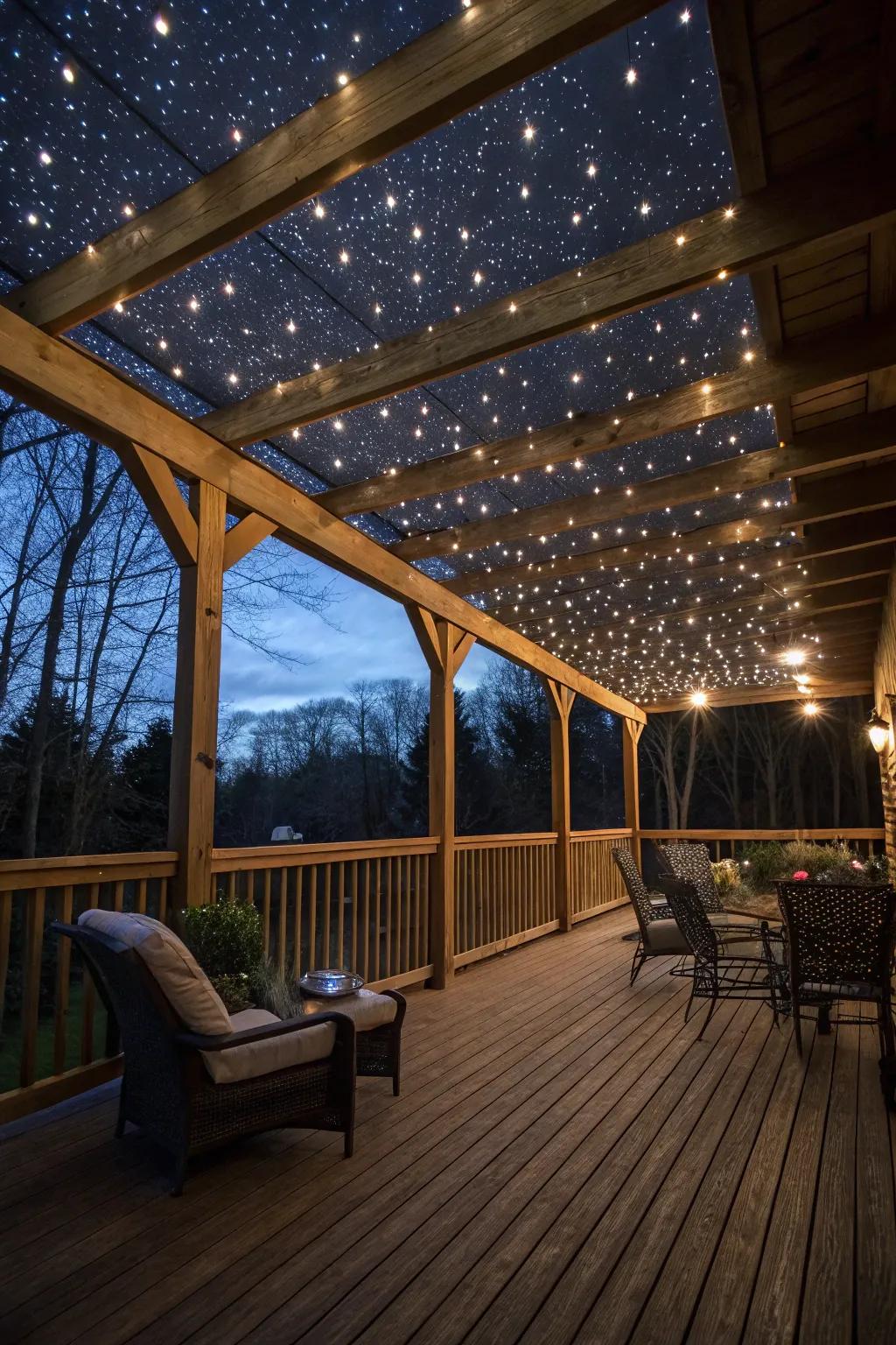 Fiber optic lighting mimics a starry night, adding a unique touch to a covered deck.