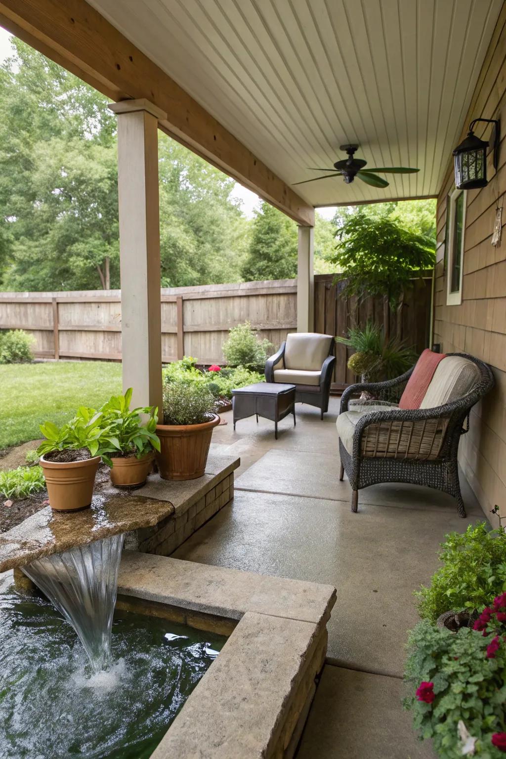 A water feature adds a soothing vibe to the porch.