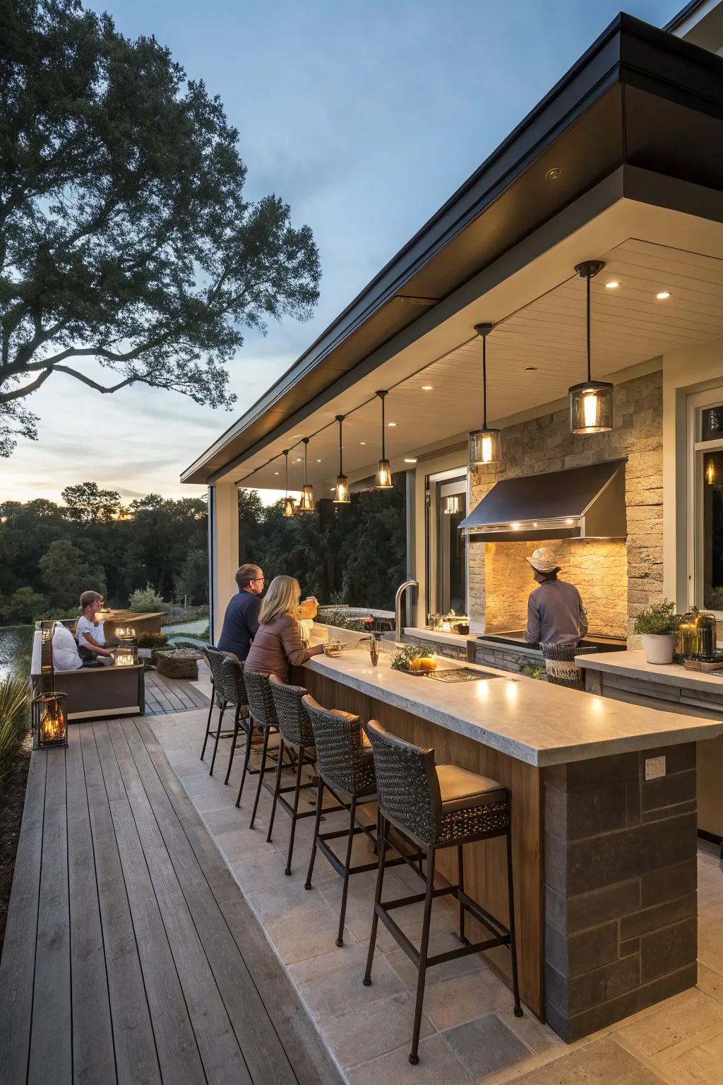 Bar seating creates a casual and social dining experience in outdoor kitchens.