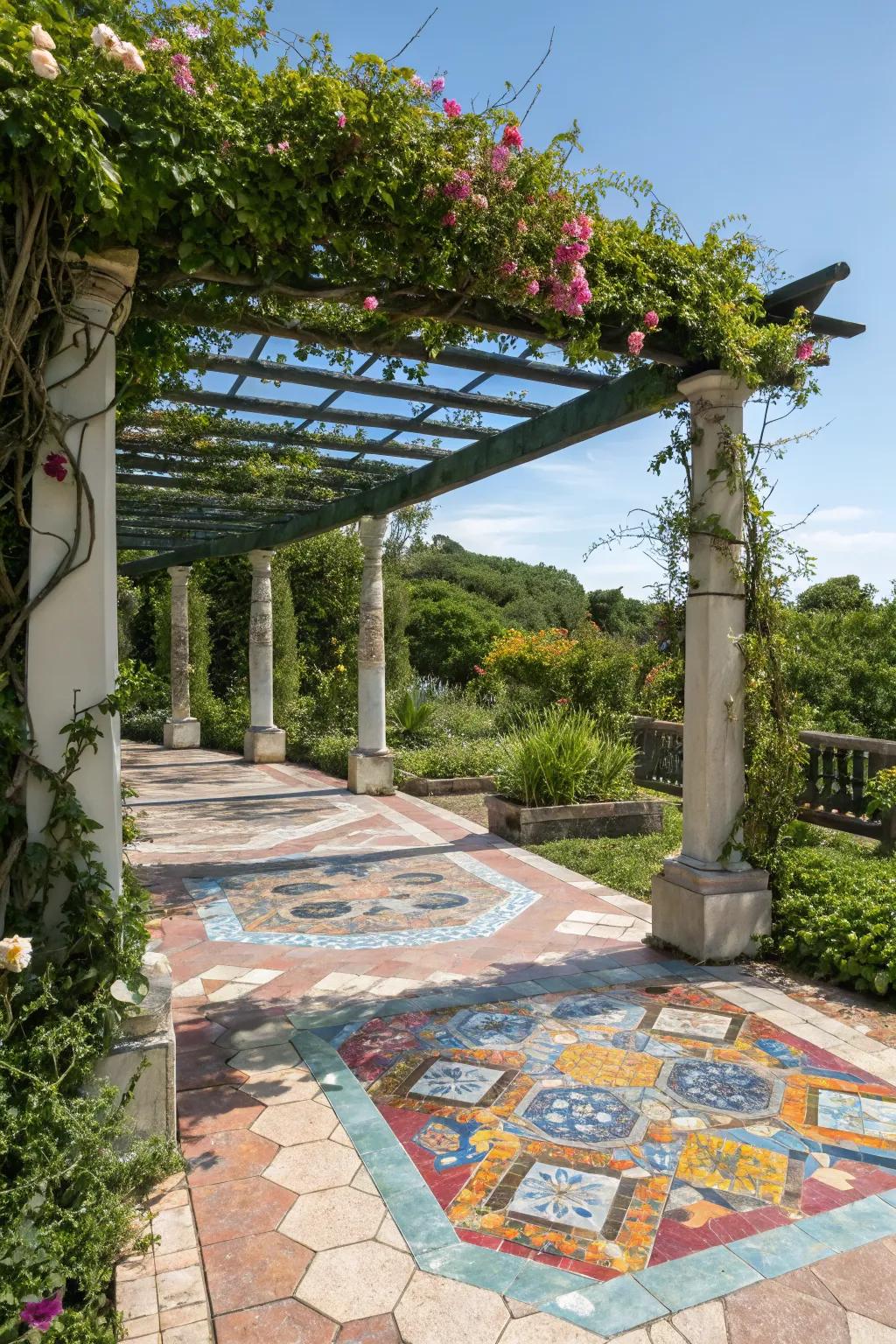 Bring artistry to your pergola with a stunning mosaic floor.