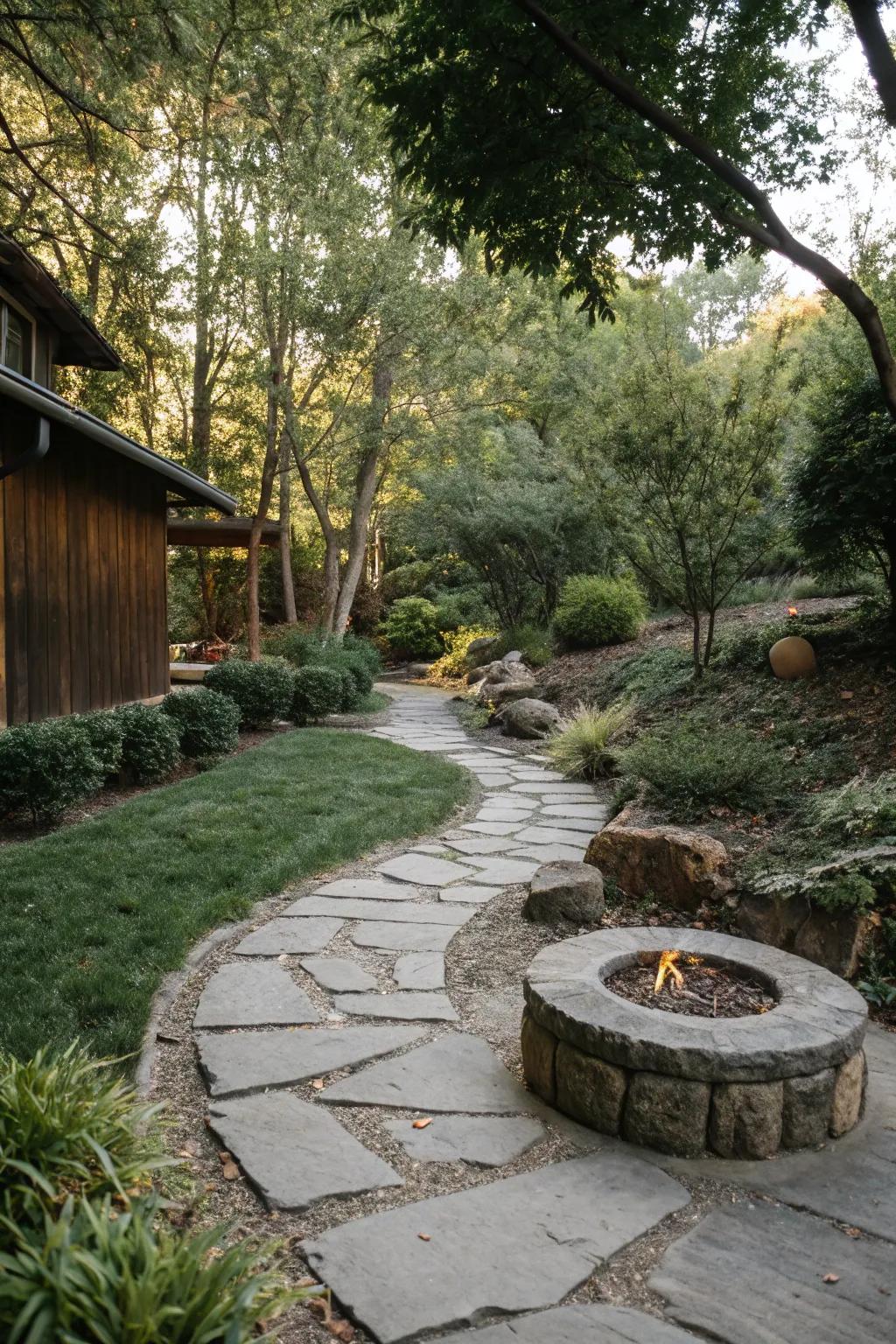 Stone pathways guide guests to the fire pit.