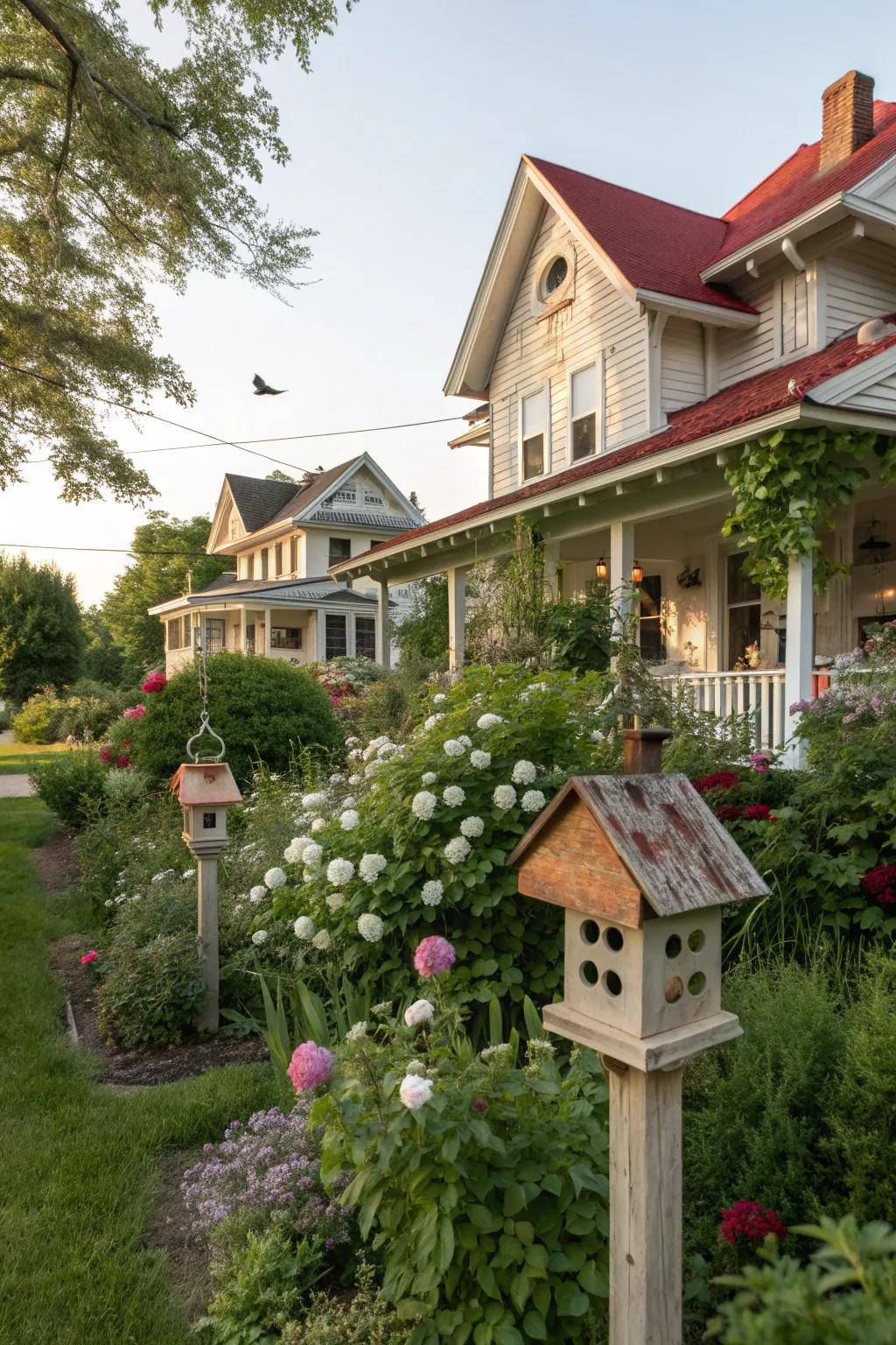 Bird-friendly features bring life and movement to the garden of this craftsman house.