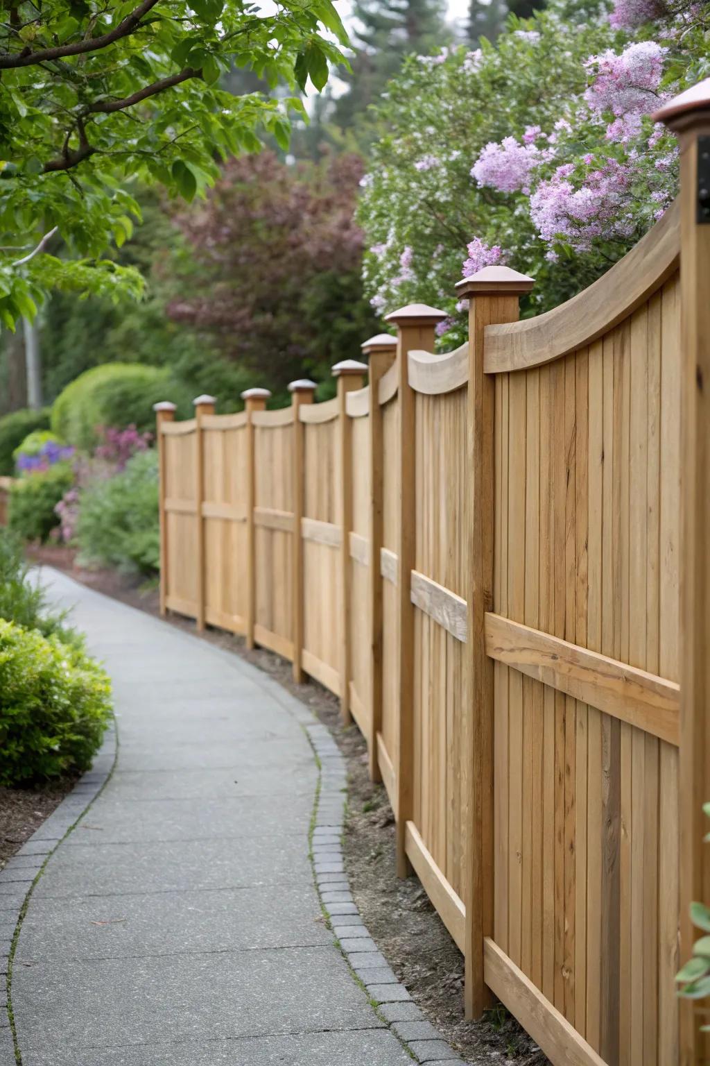 Curved lines soften the fence design, enhancing the inviting atmosphere.
