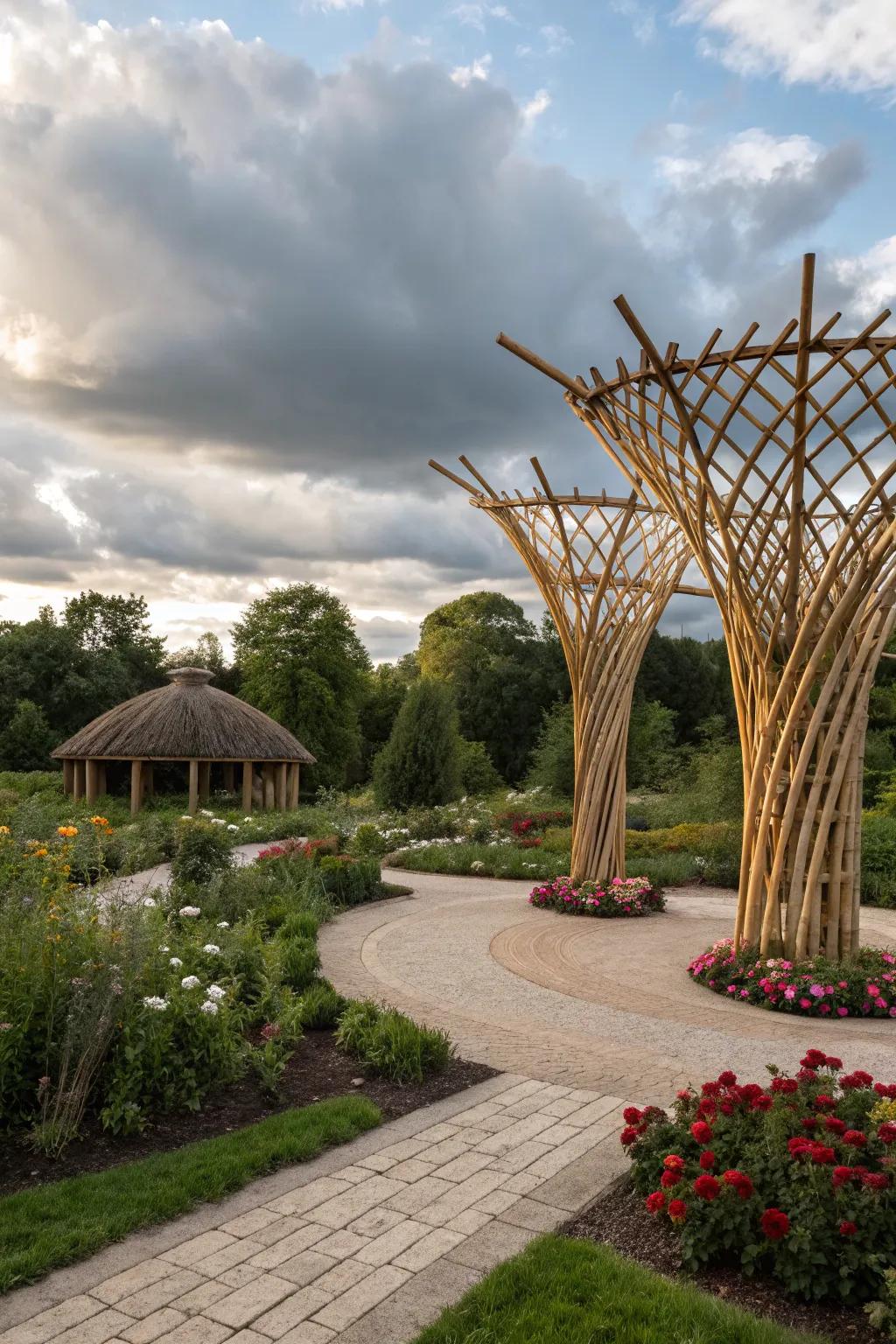Bamboo art installations create stunning garden features.