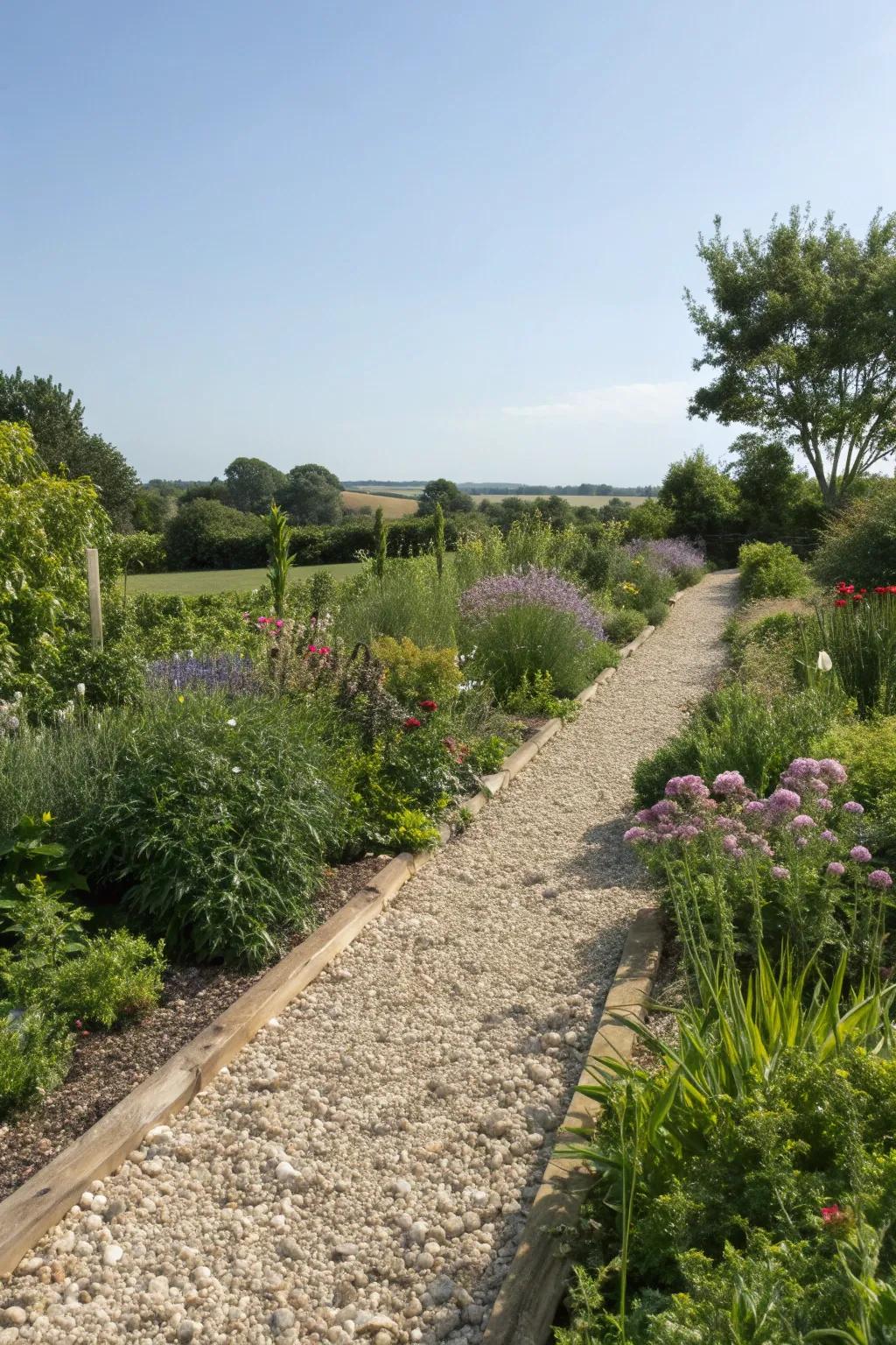 Gravel and pebbles add texture and elegance to low-maintenance garden borders.