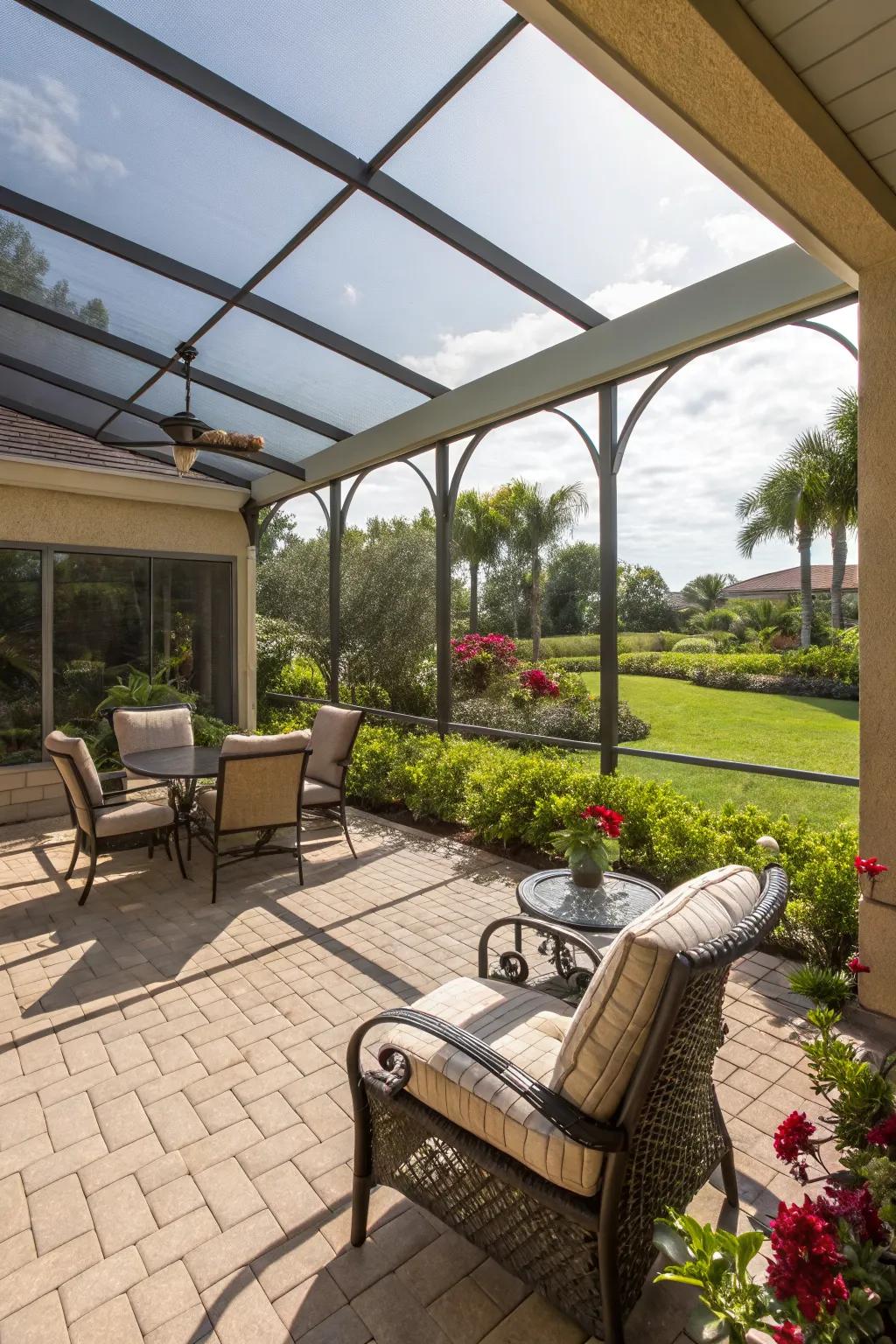 Screened lanais provide shaded comfort and bug protection.