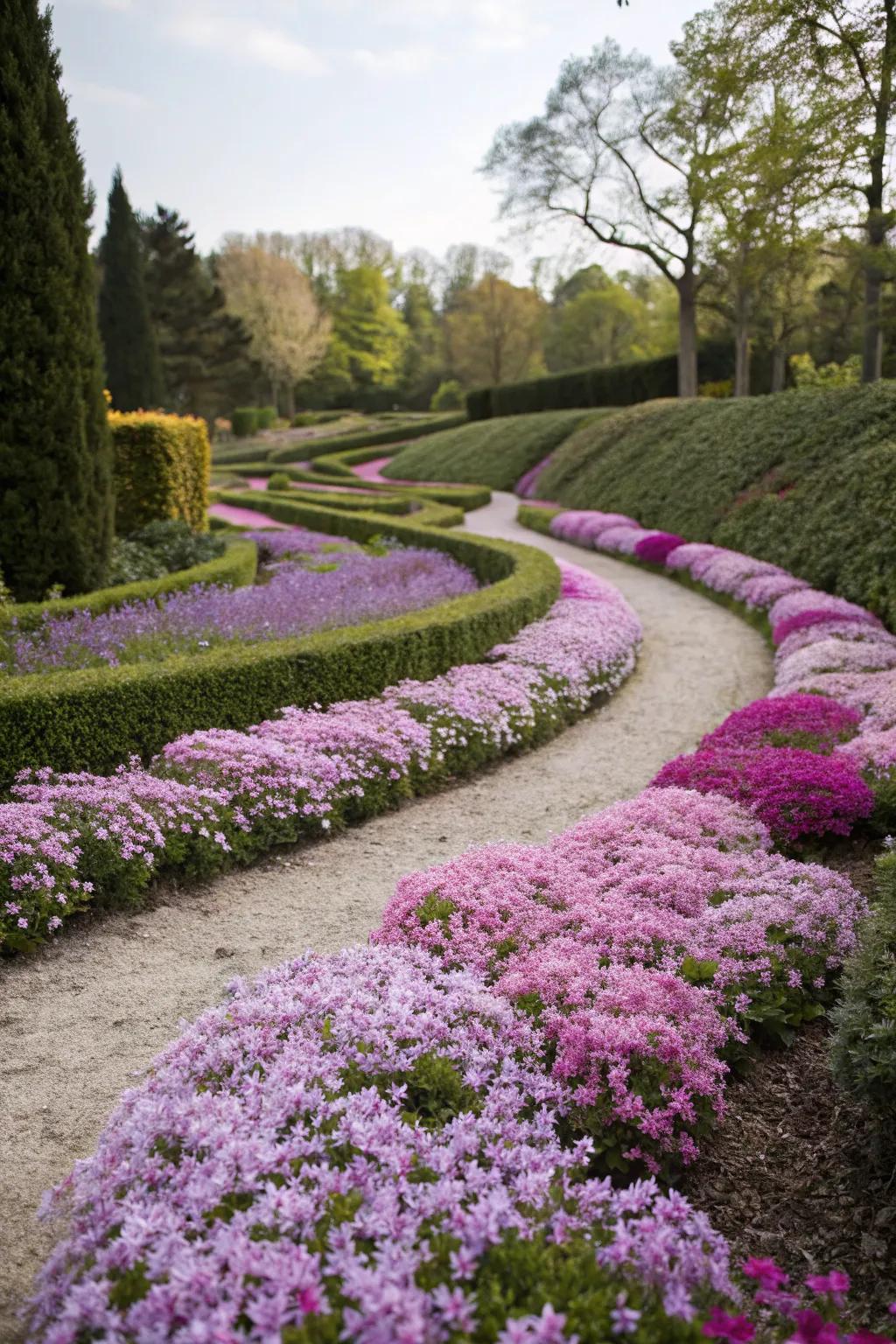 A maze-like path enhanced by creeping phlox.