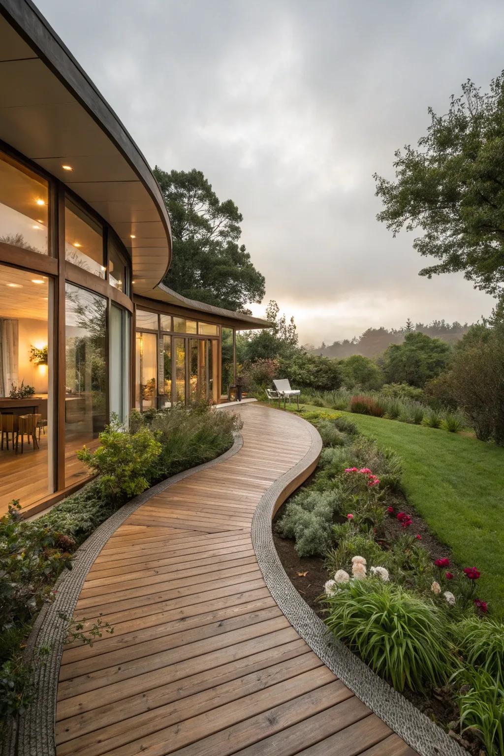 A wraparound curved deck that extends the living area.