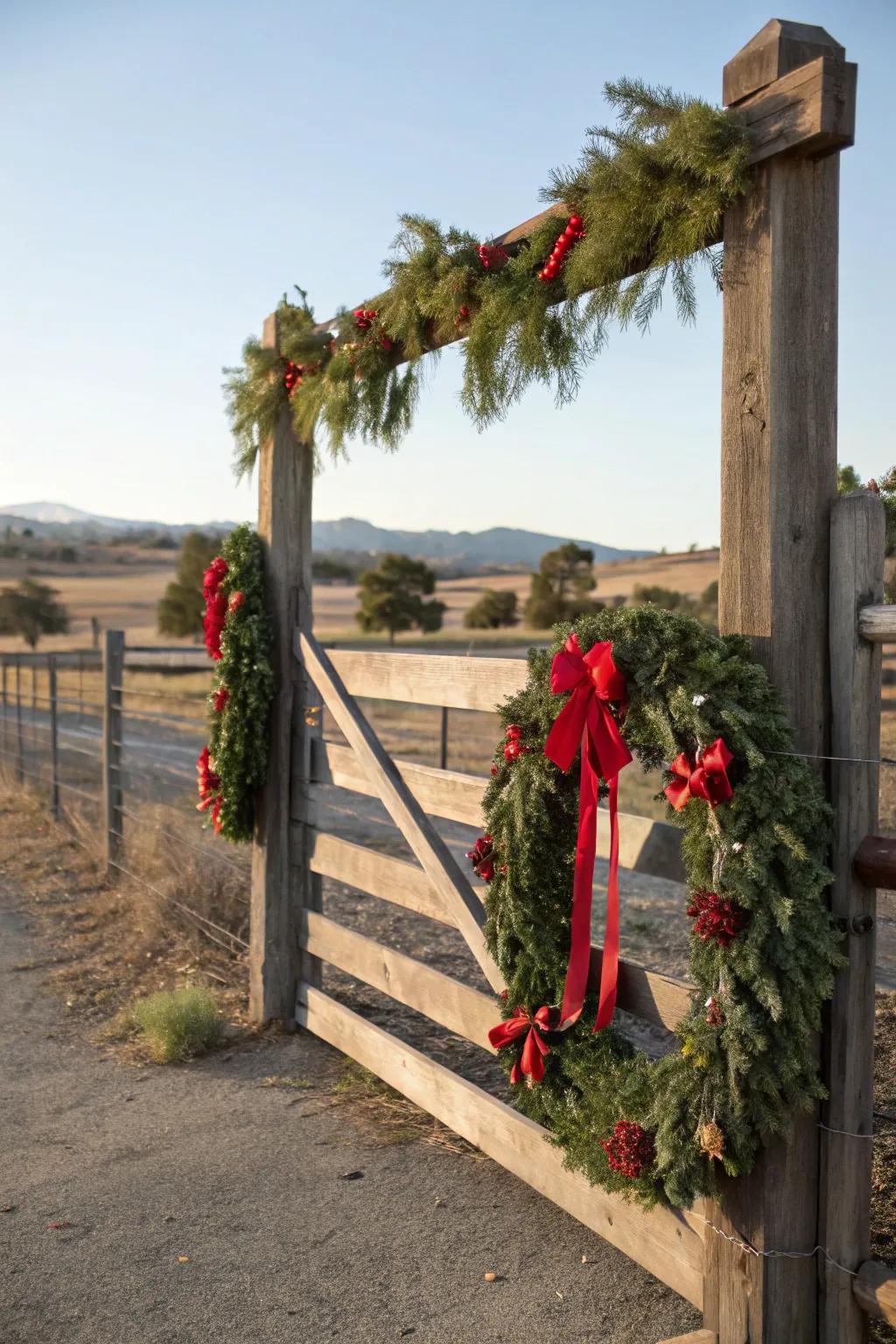 Seasonal decor brings festive charm to this ranch gate.
