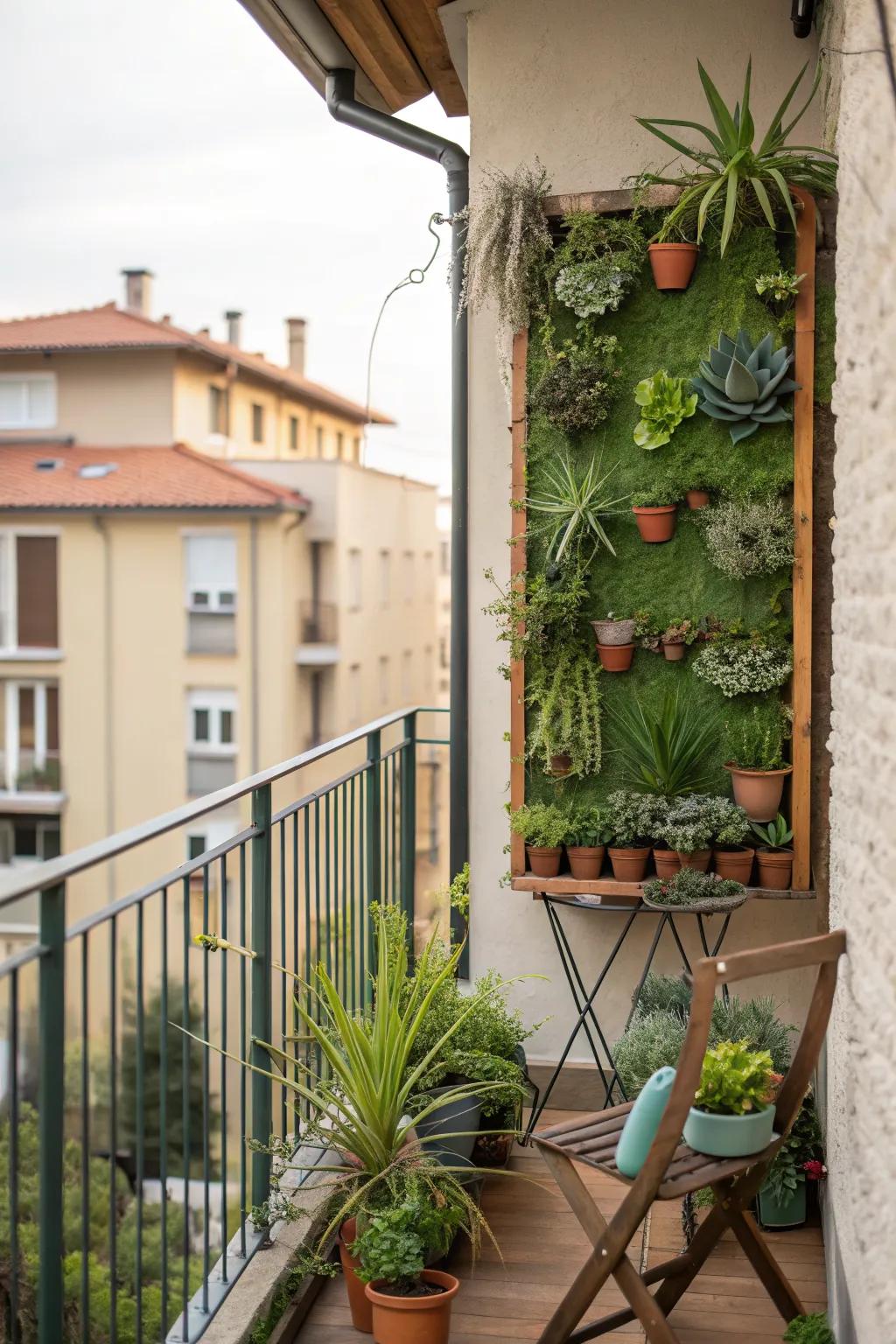 A small balcony showcasing a miniature green wall of succulents.