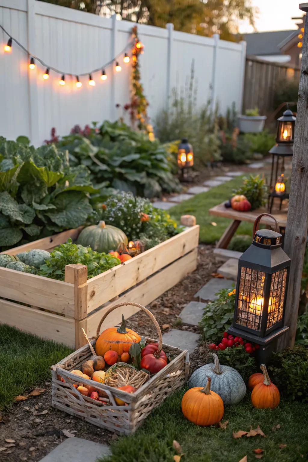 Seasonal decor keeps the garden fresh and festive.